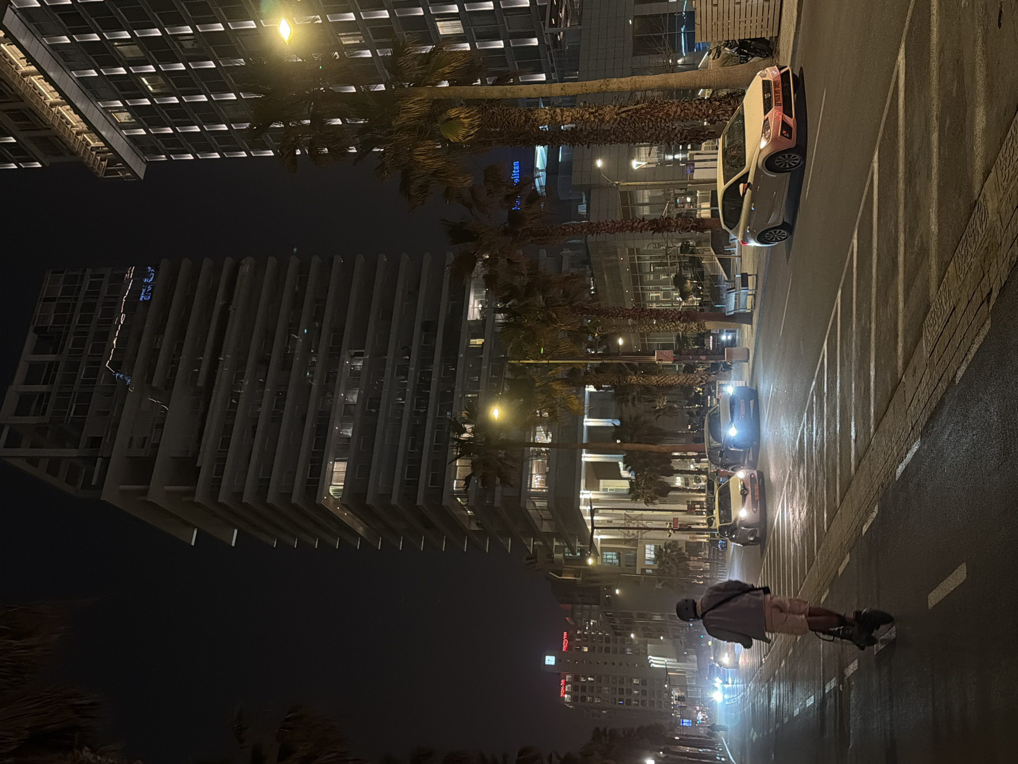 At night, the image depicts a scene in Tel Aviv, Israel. The lighting is dominated by streetlights. In the foreground, a person on roller skates is riding towards the horizon, on a road with streetlights on either side. The road is lined by buildings on both sides, including a tall building and a building with a sign in Hebrew script. Further back, there are cars in the street. Palm trees are scattered along the roadside.