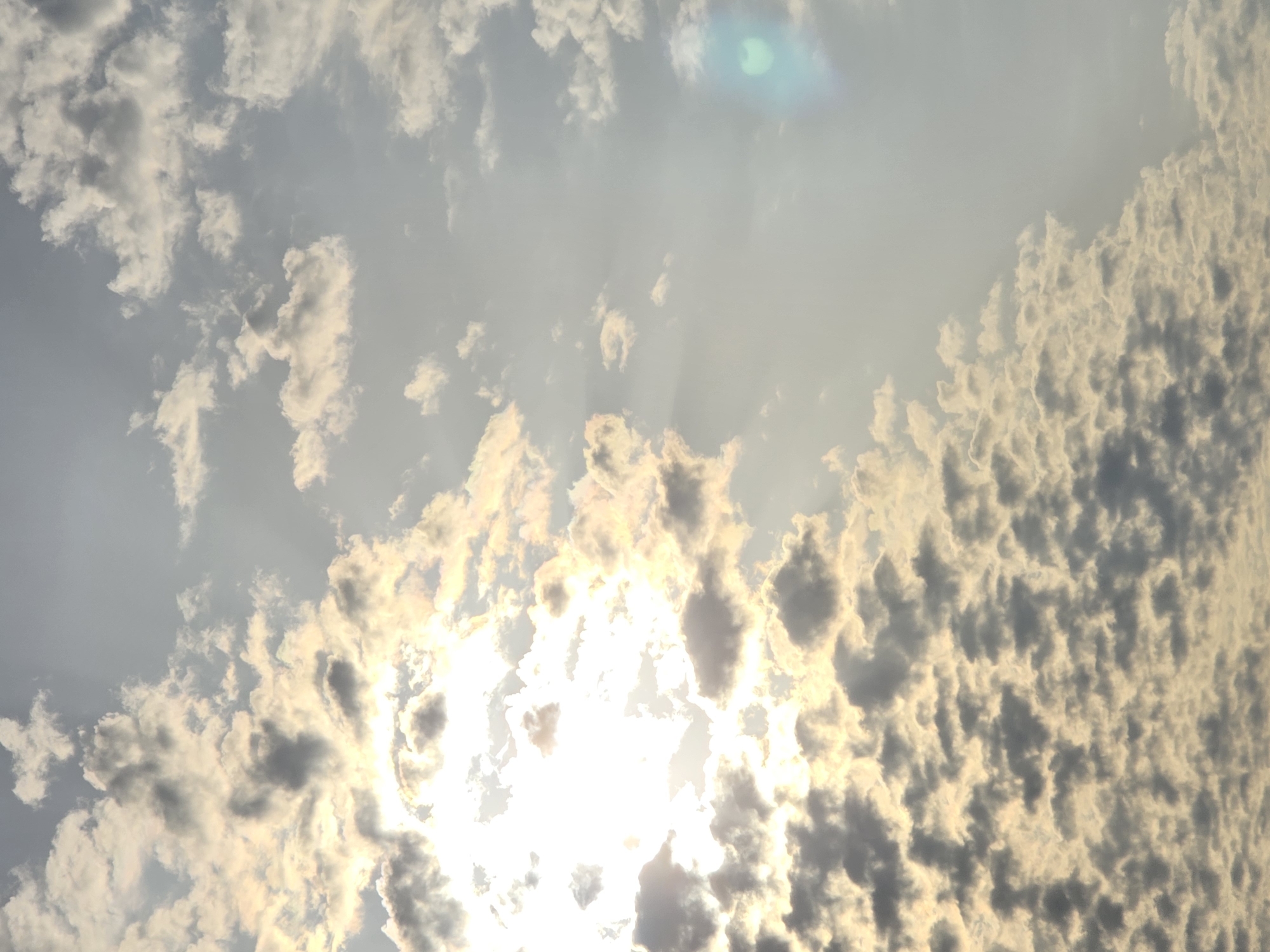 The image depicts a sky filled with clouds, with the sun partially obscured by them, casting a bright glow. The clouds are varied in texture and color, ranging from bright white to dark gray, with some appearing backlit by the sun. Subtle sun rays are visible penetrating through some of the cloud formations. In the upper right quadrant of the image, a faint lens flare with blue and green hues is present. The overall impression is that of a dynamic sky, possibly at sunrise or sunset, with dramatic interplay of light and shadow. The scene is devoid of any human presence, structures, or recognizable elements of the city of Goryachinsk, Russia. It is a purely atmospheric depiction.