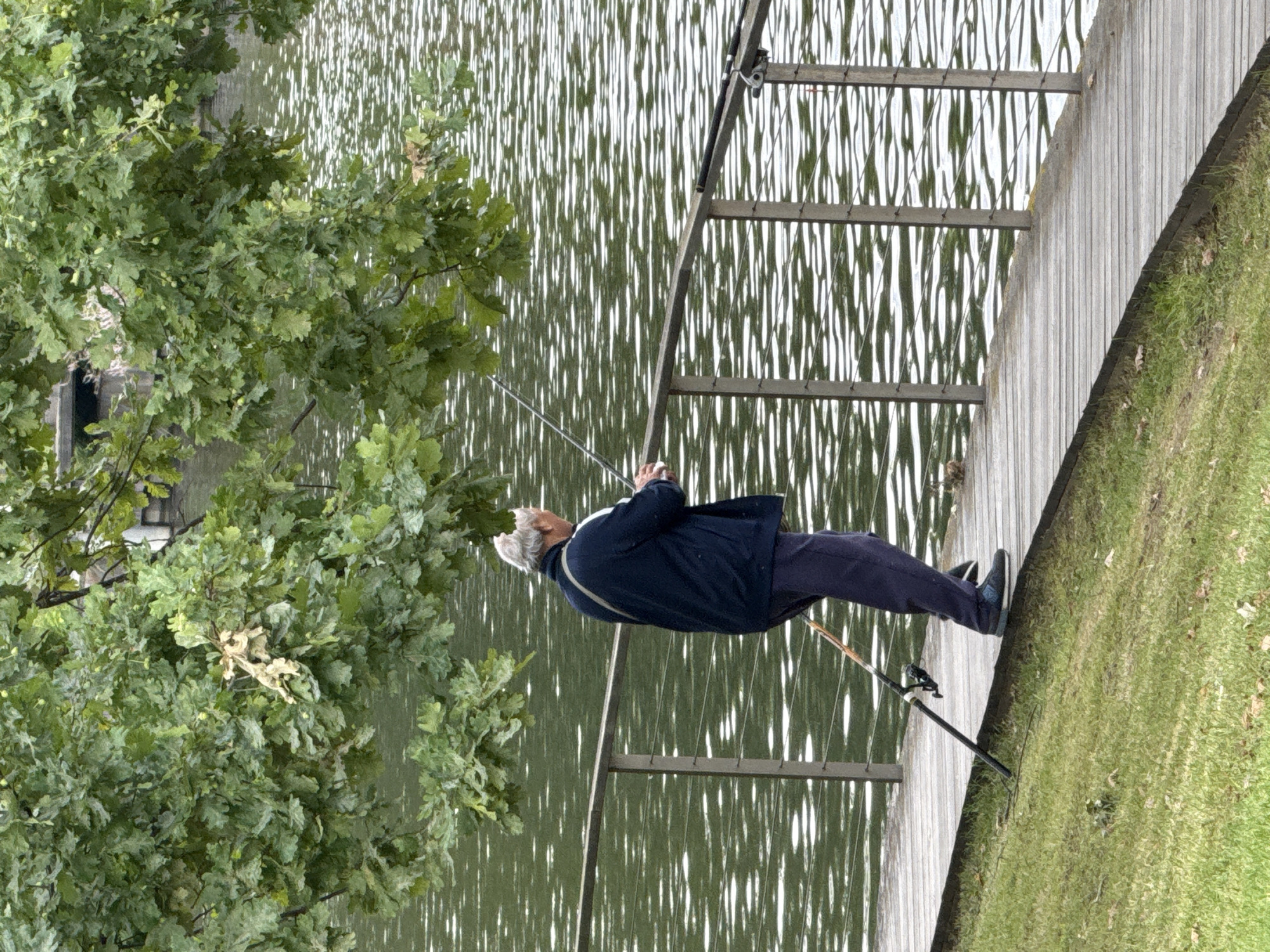 An elderly man with graying hair stands on a wooden pier and fishes in a body of water. He is wearing a dark blue jacket with white stripes on the sleeves and dark blue pants. He holds a fishing rod in his right hand. A fishing net rests on the pier next to him. The pier is bordered by a metal railing. Trees with green leaves overhang the pier and the water. The water has a rippled surface, reflecting the surrounding greenery and sky. The pier leads away from the viewer into the distance. The scene appears to be in a park or recreational area within Moscow, Russia.