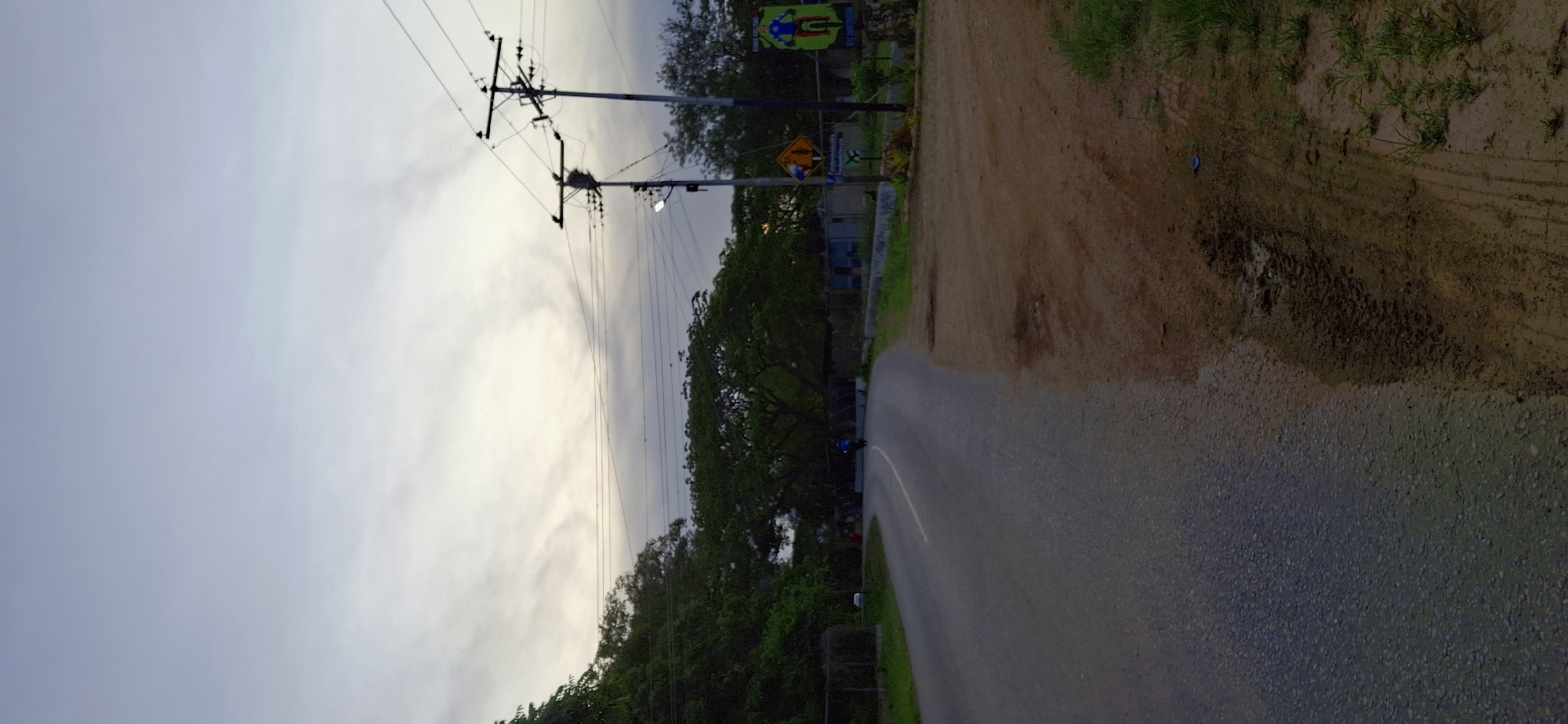 The image shows a two-lane paved road winding through a rural landscape in Vallecito, Venezuela. The road is bordered by a dirt shoulder on the right and lush green trees on the left. Overhead, power lines stretch across the sky, supported by utility poles. The sky is overcast with a soft, diffused light, suggesting either early morning or late afternoon. A lone motorcyclist is visible in the distance on the road, heading away from the viewer. Several road signs are present on the right side of the road, indicating a turn or caution. The overall scene depicts a typical roadside view in a developing area.