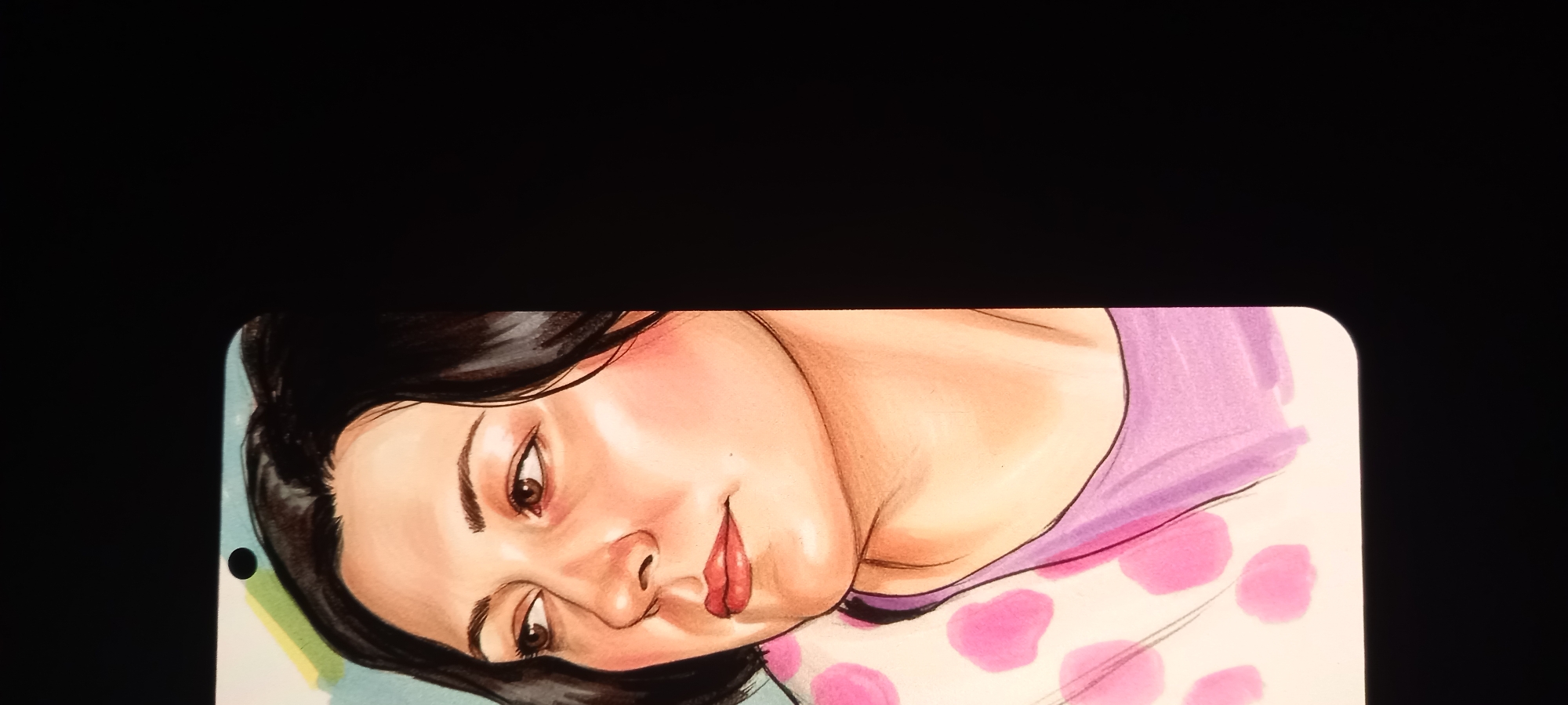 The image is a close-up, half-profile watercolor portrait of a woman, her face illuminated by light. She has dark hair styled away from her face, revealing her forehead and the left side of her face. Her eyes are looking to her left, and her expression is neutral. Her skin has a warm tone with rosy cheeks and subtle highlights. She is wearing a purple top, and a pink polka-dot garment is visible on her left shoulder. The background is divided into a light, abstract section with green and yellow streaks on the left and a solid black area on the right. The portrait is cropped, with the woman's right side obscured by darkness. The image is presented on a surface with rounded corners. No specific location in Kryvyi Rih, Ukraine, is identifiable from the provided visual information.