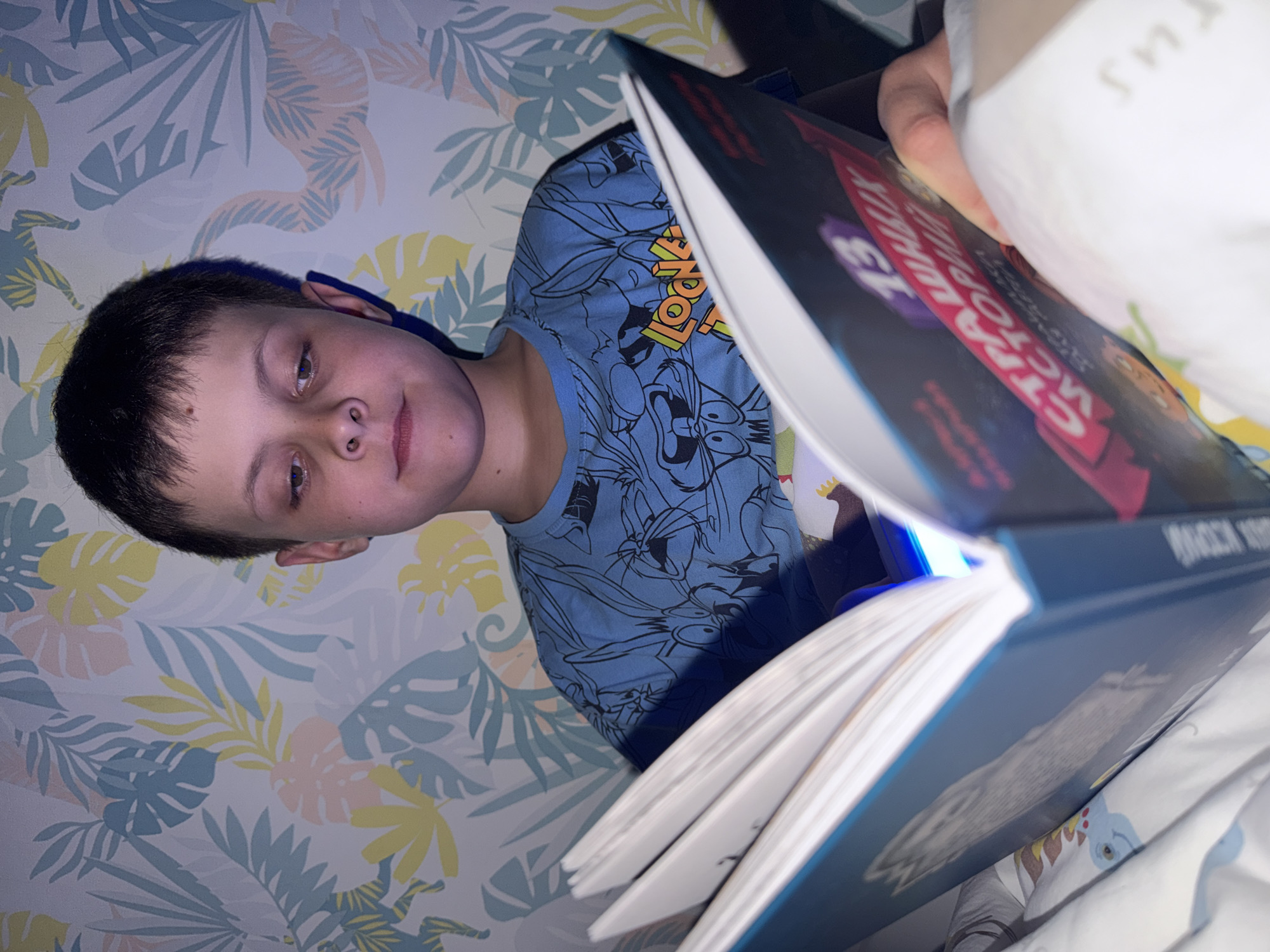 A young boy is pictured indoors, likely in a residential setting. He is holding a book open, titled "Страшилки из города Воткинска, 13" (Scary Stories from the City of Votkinsk, 13), suggesting the location is Votkinsk, Russia. The boy is wearing a blue t-shirt with cartoon characters. The background features a patterned wallpaper with leaves. Light appears to be directed toward the open pages of the book.