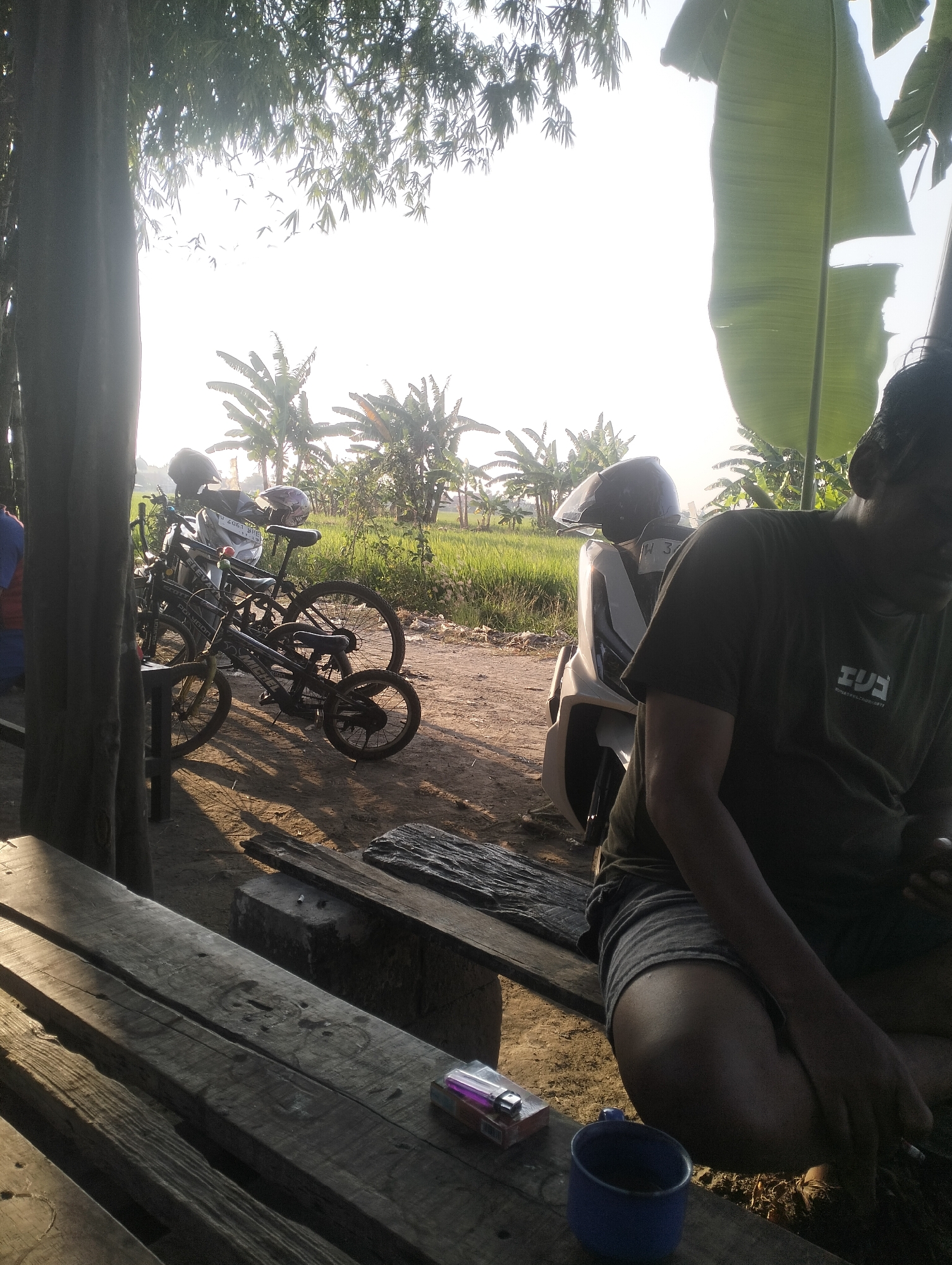 A person is sitting on a wooden bench outside under the shade of a tree, with a rice field visible in the background. The person, wearing a dark t-shirt and shorts, is partially obscured by shadow. In front of the person is a blue mug. To the left of the bench, a cigarette pack and a lighter are placed on the wooden surface. The scene appears to be set in a rural area, possibly in Sambungrejo, Indonesia, given the presence of rice paddies and tropical vegetation like banana trees. Two bicycles and a scooter are parked nearby. The sun is low in the sky, casting long shadows and creating a warm, diffused light.