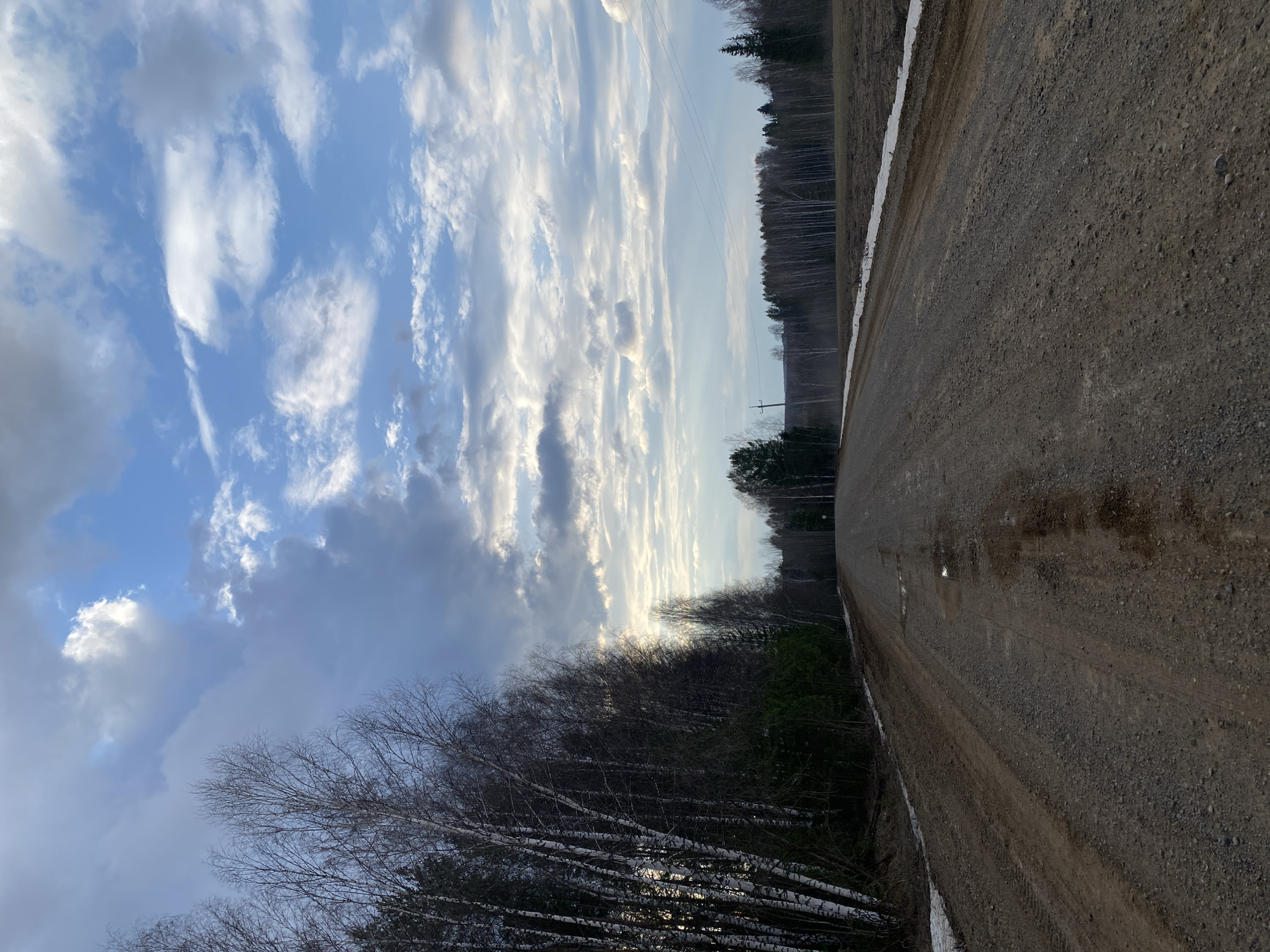 The image shows a dirt road running through a rural area. The sky is filled with striated clouds. A line of trees borders the road on both sides. Some snow is visible along the road edge. Power lines are visible in the background. The location is claimed to be in Nekrasovo, Russia. There are no people visible.