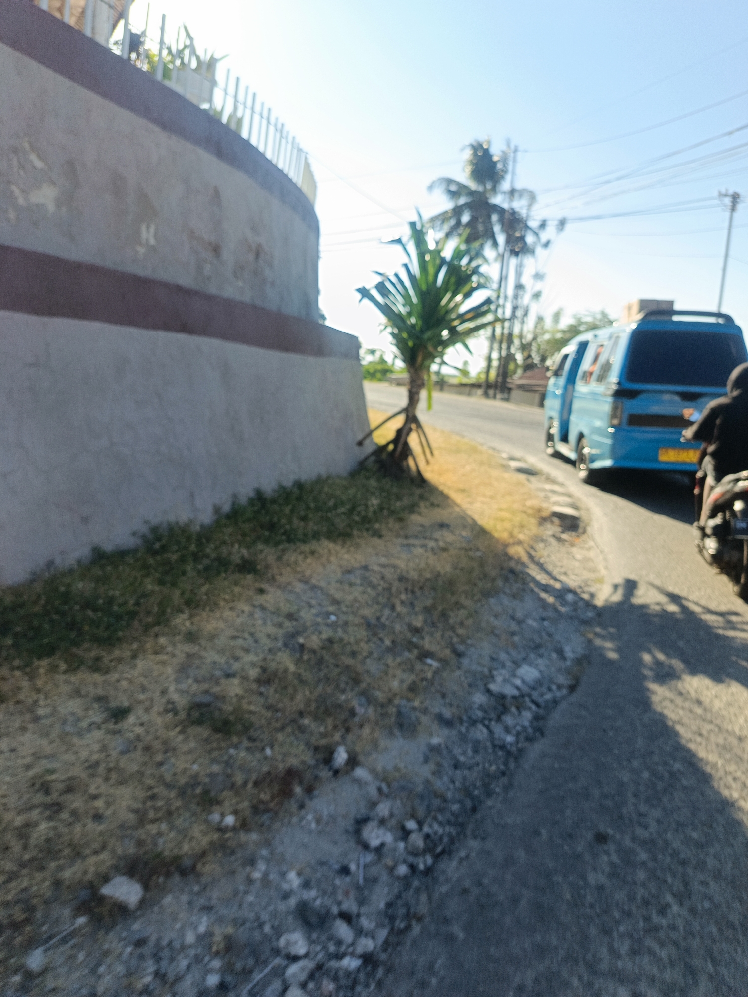 The image depicts a street scene with a light blue minivan and a motorcyclist in the foreground, captured from a low angle, possibly from another moving vehicle. The minivan, with its door open, is partially visible on the right side of the frame, driving on a paved road. Behind it, a person on a motorcycle is also on the road, with their body and helmet obscured by shadow. To the left, a weathered concrete wall with a reddish-brown stripe runs along the side of the road, bordering an area of dry grass and small rocks. A young palm-like plant grows near the wall, its leaves reaching towards the sky. In the background, palm trees and some buildings are visible, set against a clear blue sky with power lines crisscrossing overhead. The lighting suggests it is daytime, with the sun casting shadows on the road. While the image is not sharp enough to definitively identify the precise location within Gorontalo, Indonesia, the presence of palm trees, the style of the minivan, and the general tropical ambiance are consistent with a location in Southeast Asia.