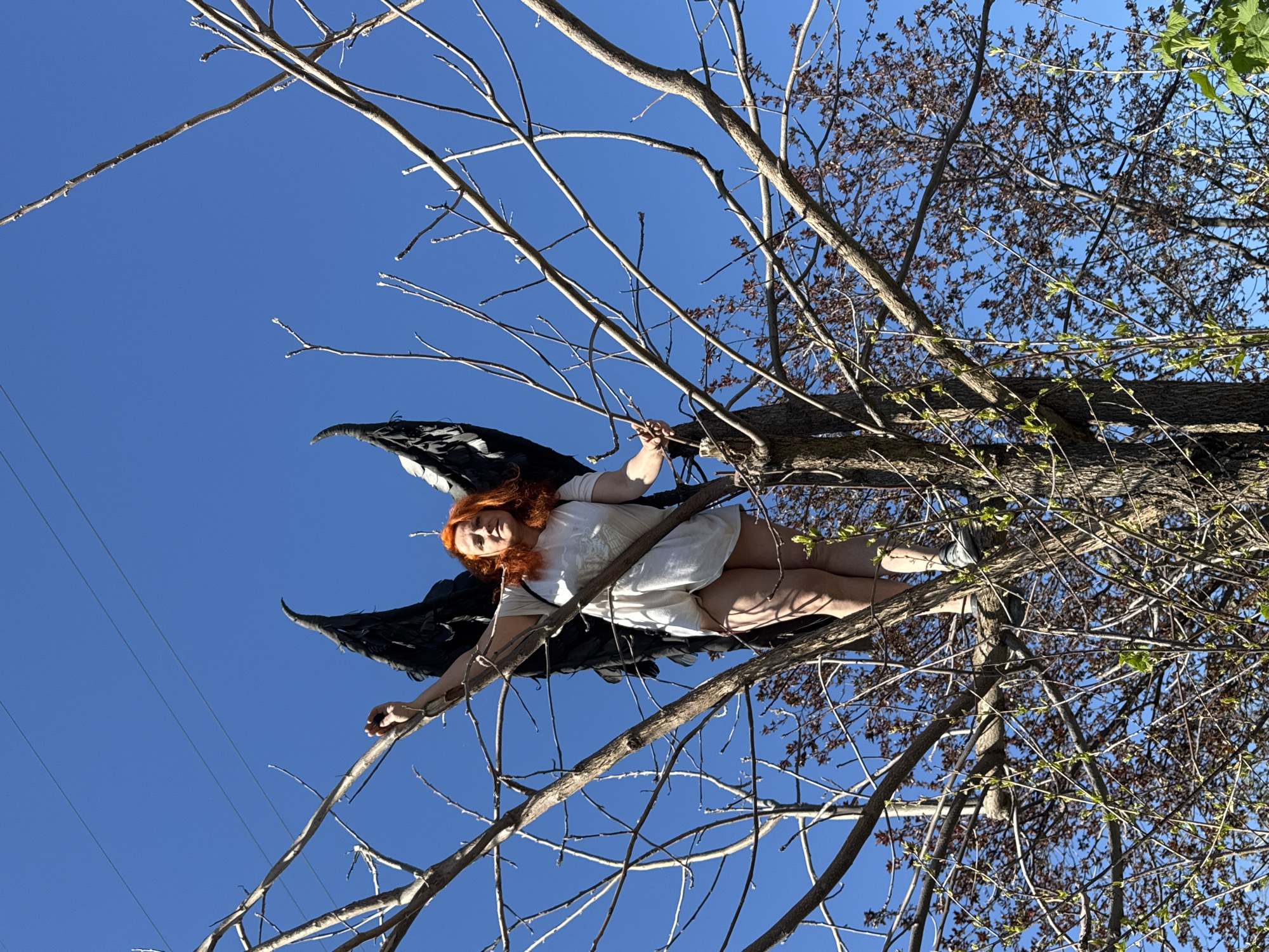 A woman with long, red hair and black wings is lying in the branches of a tree against a clear blue sky. She is wearing a white t-shirt and appears to be wearing athletic shoes on one of her feet. Electrical lines can be seen in the upper left corner. The location appears to be Chaikovsky, Russia.