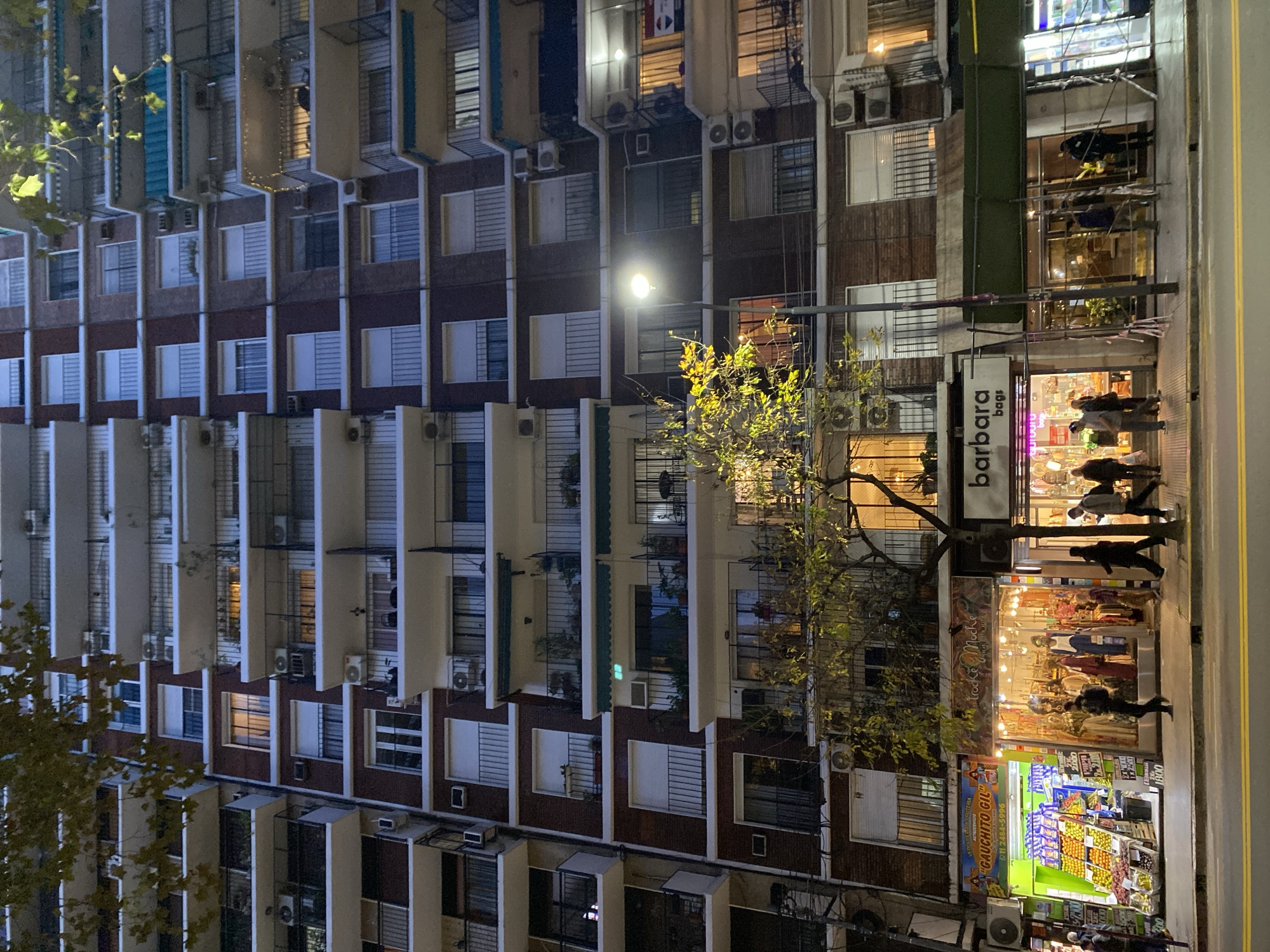 This vertical image captures a lively urban street scene at night, likely in Buenos Aires, Argentina. The right side of the frame is dominated by a multi-story residential or mixed-use building, featuring numerous windows, balconies, and external air conditioning units. The building's facade is characterized by alternating sections of dark reddish-brown and lighter cream or white, with many windows displaying closed blinds or glimpses of interior lighting.
On the left side of the street, a bustling sidewalk and road are brightly lit by artificial light. Several shops with illuminated storefronts line the street, showcasing their merchandise. A tree with yellow-green leaves, illuminated from below, stands prominently in the foreground, breaking up the architectural lines.
Multiple people are visible on the sidewalk, walking or looking into the shops, suggesting evening commercial activity. Visible text on shop signs includes "barbara bags" for a bag store, "frodo & merche" on another window, and "GUCHITO GIL" (likely "Gauchito Gil") for a fruit and vegetable stall, accompanied by a phone number "2484-5996". Another sign nearby displays "1880". The numerous lights from windows and storefronts clearly indicate the scene takes place at night, creating a vibrant and active urban atmosphere.