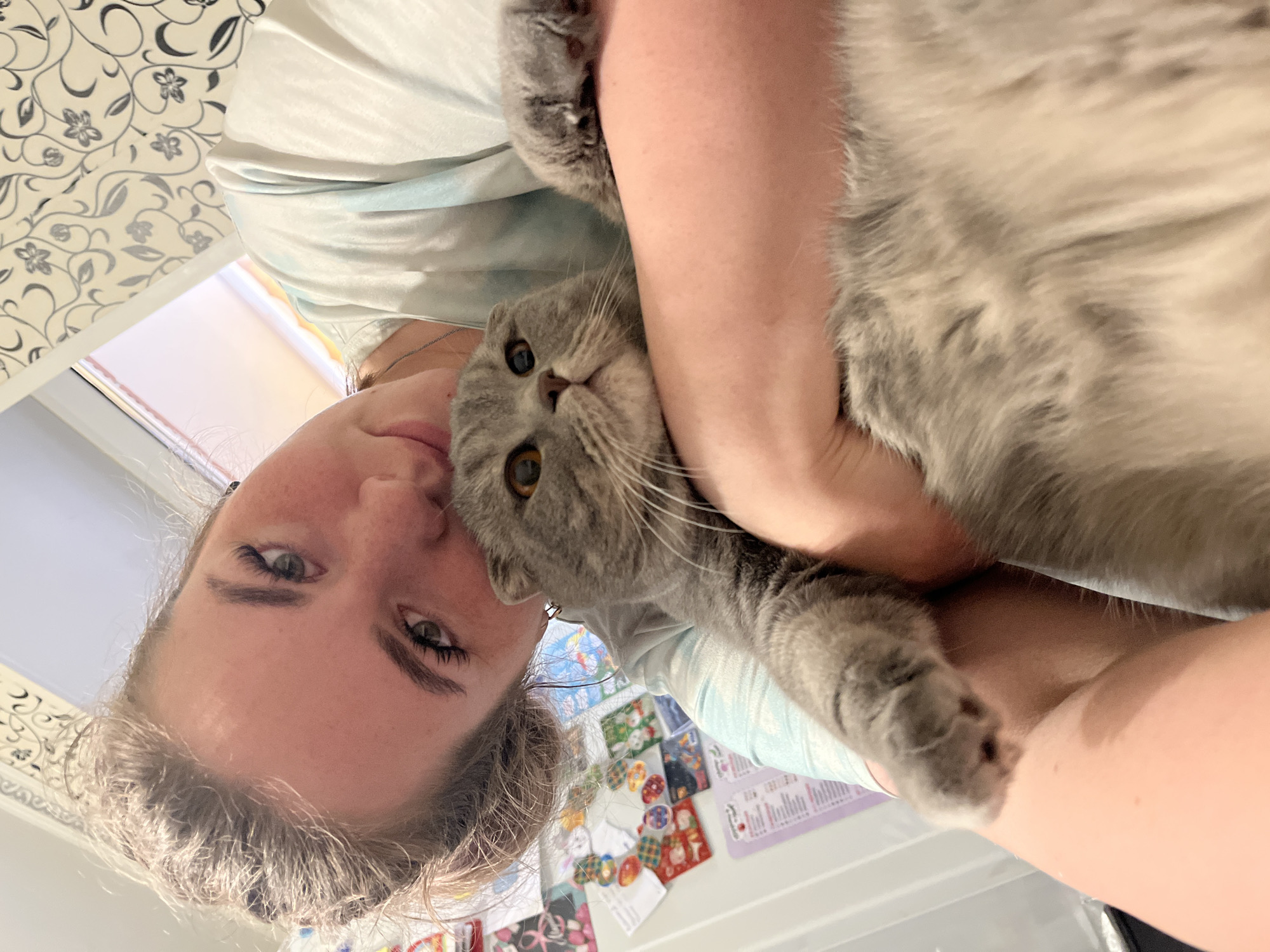 A woman is holding a gray tabby cat. The cat is cradled in her arms, its head resting near her face. The background includes wallpaper with a floral design, a window, and a wall with colorful drawings and papers attached to it. The location is Chaikovsky, Russia.