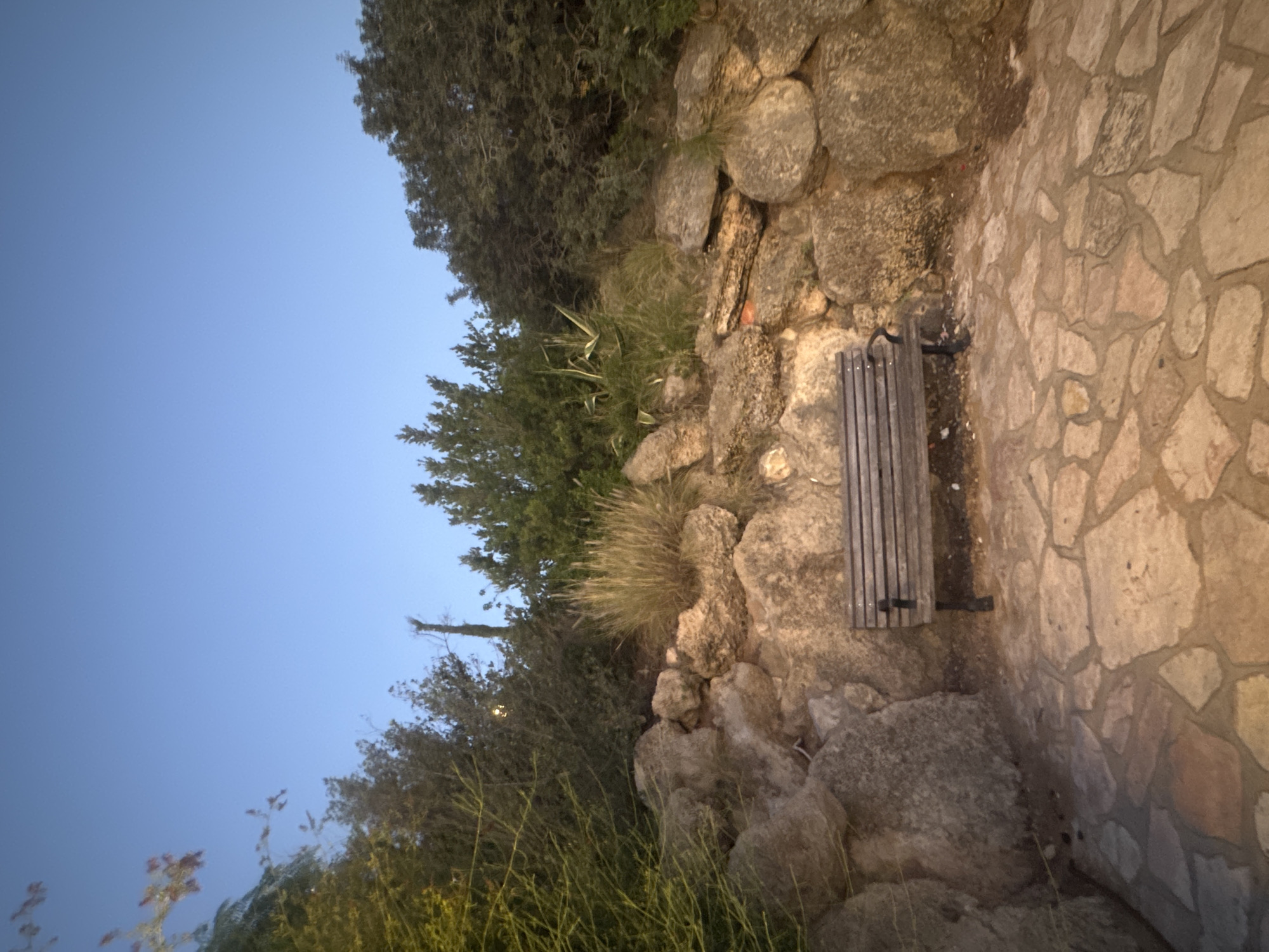 The image shows a wooden park bench situated on a flagstone patio. Behind the bench, a rocky embankment is covered with various plants, including tall grasses and shrubs. The scene is set against a clear blue sky, suggesting it is daytime. The overall environment appears to be a park or garden. Based on the provided context, this location is in Ramat Gan, Israel. There are no people or animals visible in the image, and no actions or interactions are taking place. The lighting suggests it is either early morning or late afternoon.
