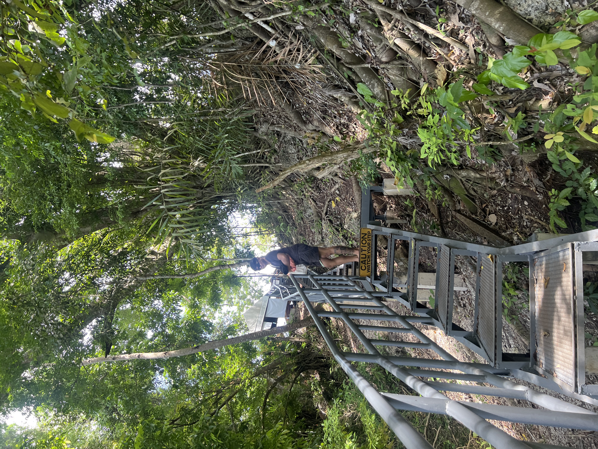A young man stands on a metal staircase in a jungle environment. He is wearing a black t-shirt, black shorts, sunglasses, and a blue cap. He is holding a red bag in his right arm. The staircase is made of grey metal and has a metal railing on the left side. There is a yellow "CAUTION WATCH YOUR STEP" sign on one of the steps. The staircase leads up into a densely vegetated area with large trees and exposed roots. In the background, there is a white tent-like structure. The ground is covered with leaves and dirt. The location is in Samal, Philippines.