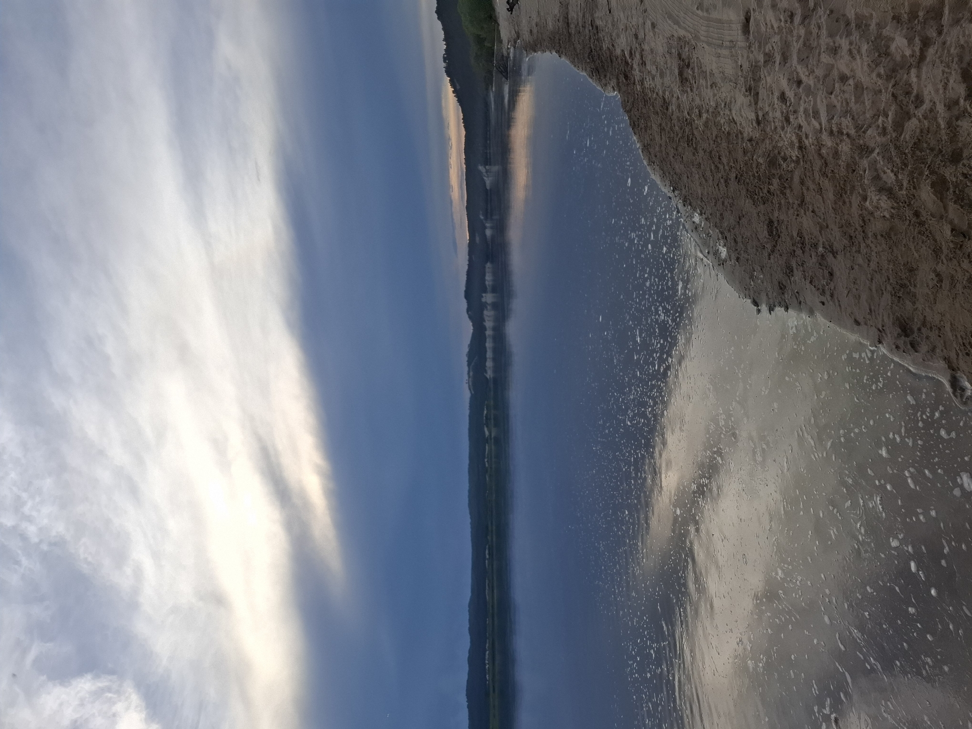 The image depicts a serene natural landscape at what appears to be the edge of a body of water, possibly a river or lake, adjacent to a sandy shore. The sky is overcast with dramatic, dark clouds interspersed with areas of lighter, wispy clouds that reflect sunlight. The water surface is calm and dark blue, with a scattering of small white foam or bubbles visible near the shore and reflecting the sky. The far bank of the water is lined with a dark, undulating treeline, with some lighter-colored formations or bluffs visible in the distance. The foreground consists of a sandy beach with tire tracks pressed into the sand, suggesting recent human activity. The overall mood is tranquil and somewhat moody due to the overcast sky. The scene is located in the vicinity of Малая Сазанка, Russia.
