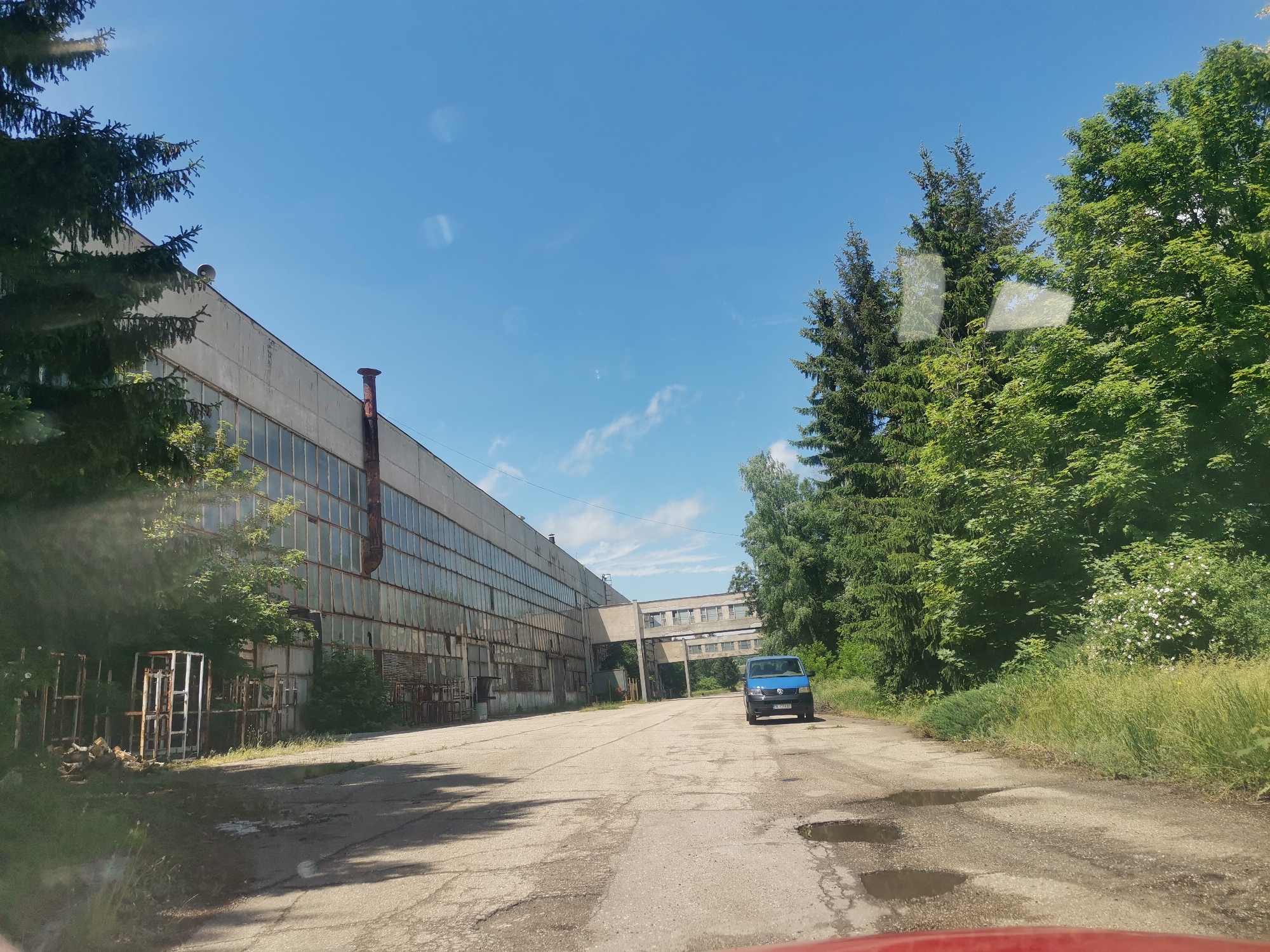 The image presents an outdoor scene of an industrial area, likely an old factory or warehouse, in Zhivkovo, Bulgaria, under a clear, bright blue sky with a few wispy clouds. The time of day appears to be late morning or early afternoon due to the strong sunlight.
On the left, a long, multi-story concrete building with numerous glass-paned windows stretches into the distance. Many windows show signs of age, with some appearing broken or dirty. A rusty pipe runs vertically down the building's facade, and a grey, horn-shaped loudspeaker is visible on the roofline. An elevated concrete walkway or bridge connects sections of the building, spanning across the scene.
The foreground features a cracked and uneven asphalt road with several potholes, some containing puddles reflecting the sky. Overgrown grass, weeds, and dense foliage, including tall pine trees and leafy deciduous trees, line both sides of the road, particularly thick on the right. Near the base of the building on the left, various disused metal frames are stacked amidst the undergrowth.
A blue Volkswagen Transporter van is parked on the right side of the road. Its front is visible, and the license plate clearly displays "CA 9336 MB," indicating a Bulgarian registration from the Sofia region. No people are visible in the scene. The overall atmosphere suggests an abandoned or partially used industrial site, with nature beginning to reclaim the area. The photograph appears to be taken from inside a vehicle, with a red dashboard or car body visible at the bottom edge.