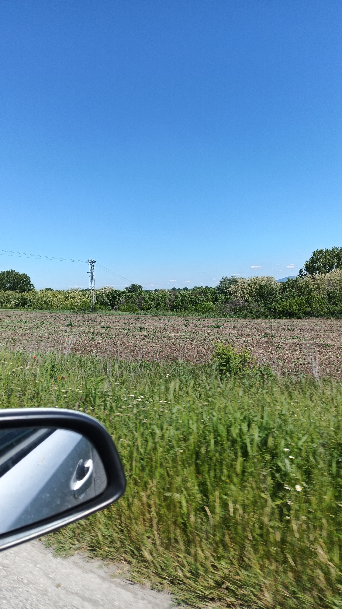 The image depicts a rural landscape in Boliartsi, Bulgaria, taken from a moving vehicle. In the foreground, a car's side mirror is partially visible. Beyond this, tall green grasses line the roadside. A plowed field stretches towards a line of trees and bushes along the horizon. An electrical transmission tower stands in the middle ground. The sky is clear and blue. No people or animals are visible.