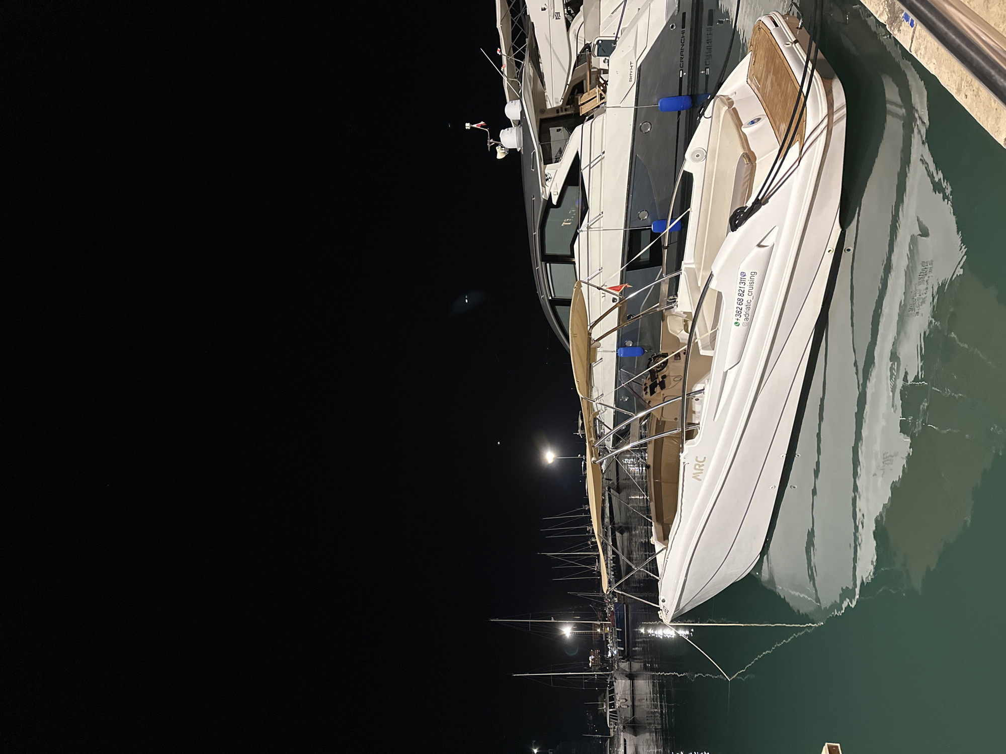 A nighttime, eye-level shot captures a serene marina scene in Budva, Montenegro. In the foreground, a white motorboat with a beige canopy is docked, its hull displaying the "ARC" logo. The boat's reflection shimmers on the dark, calm water. Behind it, a larger, luxurious yacht, partially visible, is also moored. In the background, a line of sailboats with tall masts stands against the dark sky, punctuated by distant lights. The overall atmosphere is tranquil and still, characteristic of a quiet night in a harbor.