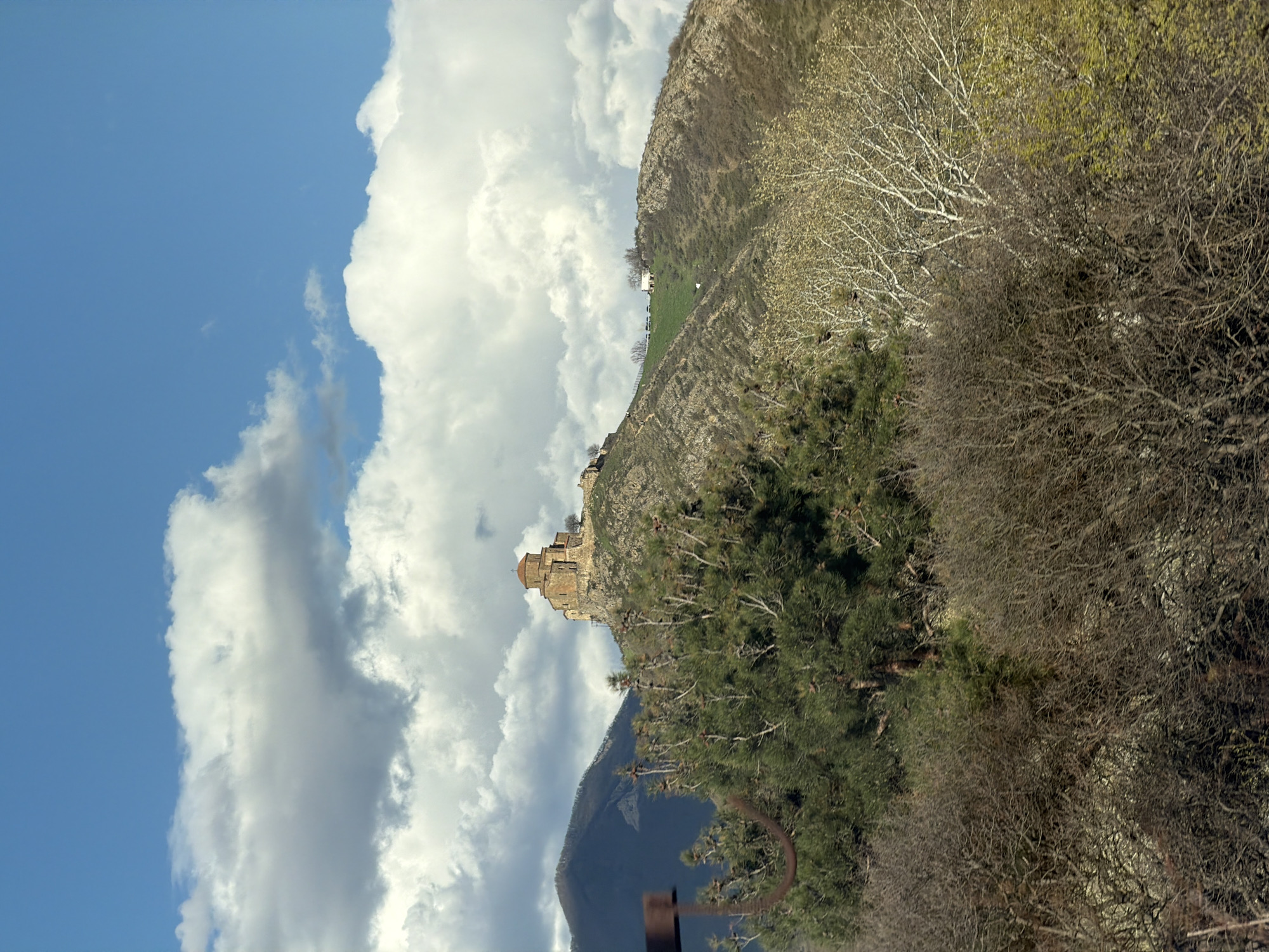 The image shows the Jvari Monastery perched atop a hill in Mtskheta, Georgia, near Tbilisi. The monastery is a stone structure with a reddish-brown roof. The sky is partly cloudy with a clear blue area. A hillside slopes down from the monastery, covered in sparse vegetation, including trees and bushes with bare branches. A mountain is visible in the background.