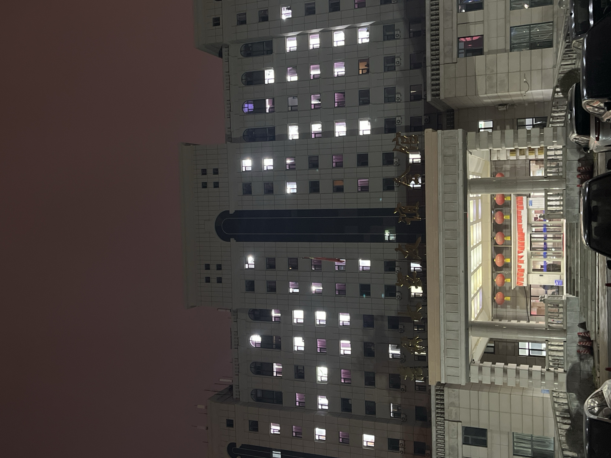 Captured at night in Changchun City, China, the image portrays a high-rise building constructed in a modernist architectural style. The building's facade is predominantly white with a grid pattern of numerous windows, many of which are illuminated. Decorative golden equine sculptures embellish the lower section of the building's exterior. Adjacent to the main structure is a multi-story annex featuring an open-air corridor adorned with traditional red lanterns, creating a warm, inviting atmosphere. Parked vehicles are partially visible on the right side of the frame. The sky above is a dusky pink, suggesting twilight. The scene suggests an urban setting, possibly a hotel or office building.