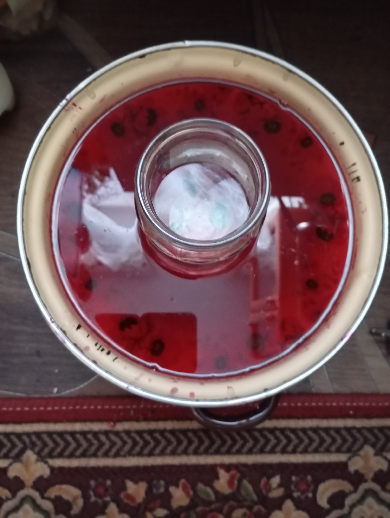 The image shows a top-down view of a metal basin filled with a red liquid, possibly juice or wine, with dark flecks suspended within it. A small glass container is placed in the center of the basin, also containing some of the red liquid. The basin has a light-colored rim and sits on a surface that appears to be a rug with a red and brown patterned design. The background is blurred but suggests a wooden floor. There is no indication of the city of Horishni Plavni, Ukraine, or any people. The scene is static, with no action taking place.