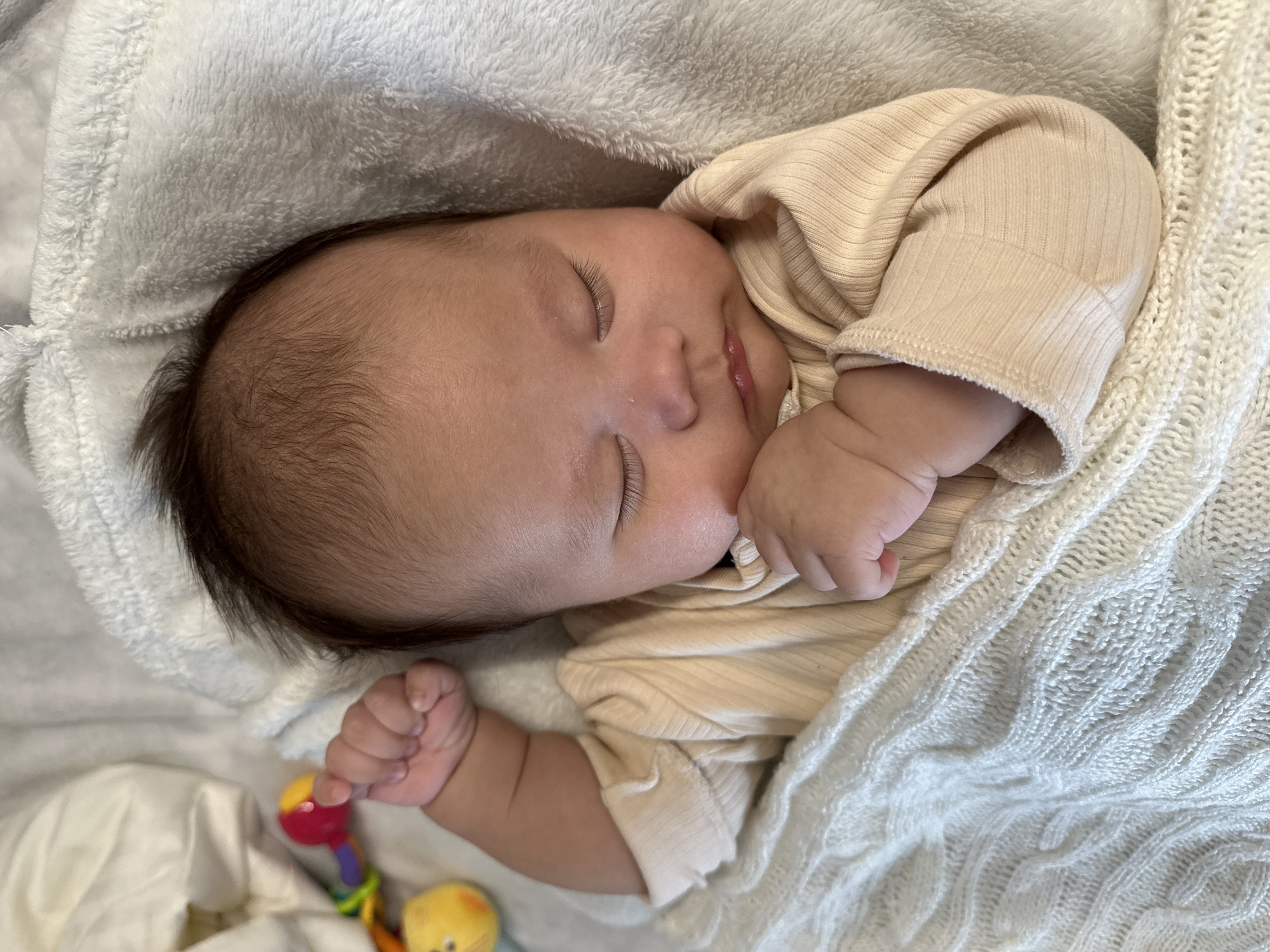An overhead shot captures a baby sleeping soundly, nestled amongst soft blankets. The baby is positioned on their left side, with their head resting comfortably, eyes closed, and a slight pout visible on their lips, suggesting deep, peaceful sleep. They have dark, fine hair and a light to medium skin tone.
The baby is dressed in a light beige, ribbed, long-sleeved garment, possibly a onesie or top. Two distinct blankets envelop the baby: a fluffy, light-colored blanket, likely white or very pale beige, is tucked around the upper body and head, providing a soft, plush texture. Another white, intricately knitted blanket with a visible cable-knit pattern is draped over the lower part of the baby and to the right, adding texture and warmth.
One of the baby's tiny hands is curled gently near their mouth and chin, while the other hand is partially visible further down. In the bottom left corner, colorful baby toys are partially in view; a multi-colored rattle with red, yellow, purple, and green elements, and a yellow, roundish toy. The overall scene conveys a sense of tranquility and comfort, depicting a serene moment of a baby's nap. There is no visible text in the image.