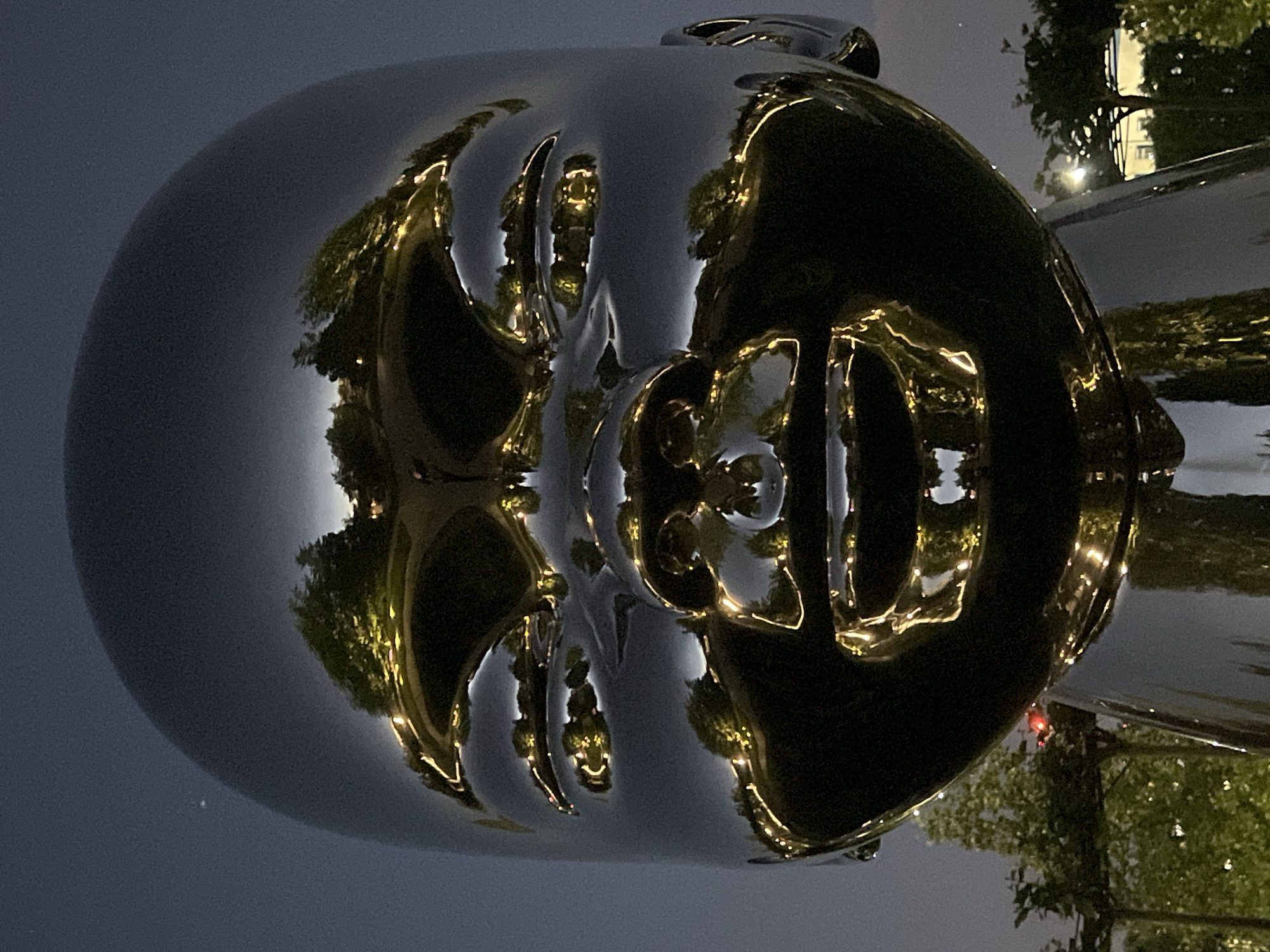 A large, highly reflective, metallic sculpture of a human head or face is the central subject of this image, captured in Krasnodar, Russia. The sculpture's polished, silvery-grey surface acts as a distorted mirror, capturing vivid reflections of its surroundings.
The head appears to be oriented on its side in the frame, causing reflections of trees and artificial lights to stretch across its contours. Numerous bright, golden-yellow lights, likely from streetlights or decorative illumination, create luminous streaks and patterns, particularly within the facial features like the eyes, nose, and mouth. Dark green foliage of trees is also reflected, appearing illuminated against the sculpture's generally dark surface.
The background reflected in the upper part of the head shows a dark sky, indicating the photograph was taken at night or during twilight hours. Faint reflections of urban structures are visible in some areas. The interplay of light and shadow, and the distorted reflections, give the sculpture a surreal and dynamic appearance within its urban outdoor setting.
There are no people or visible text in the image.