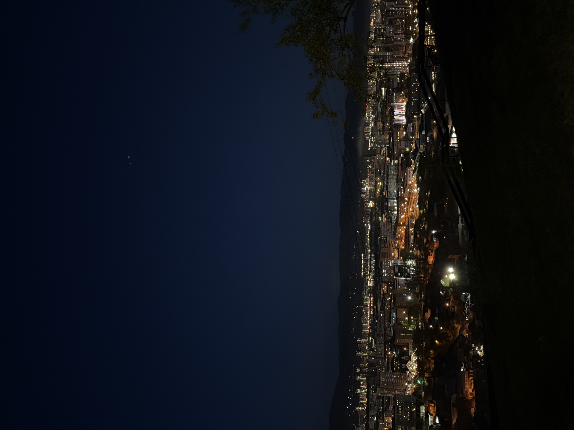 The image shows a nighttime view of Krasnoyarsk, Russia, from a high vantage point. The city is illuminated with streetlights and building lights, with a dark sky above. A tree branch is visible in the top left corner, and a dark hillside is on the right. A mountain range is in the background, dividing the dark sky from the city lights. Two small, bright objects are visible in the dark sky, possibly stars or planets. A railing is partially visible on the right side of the frame.
