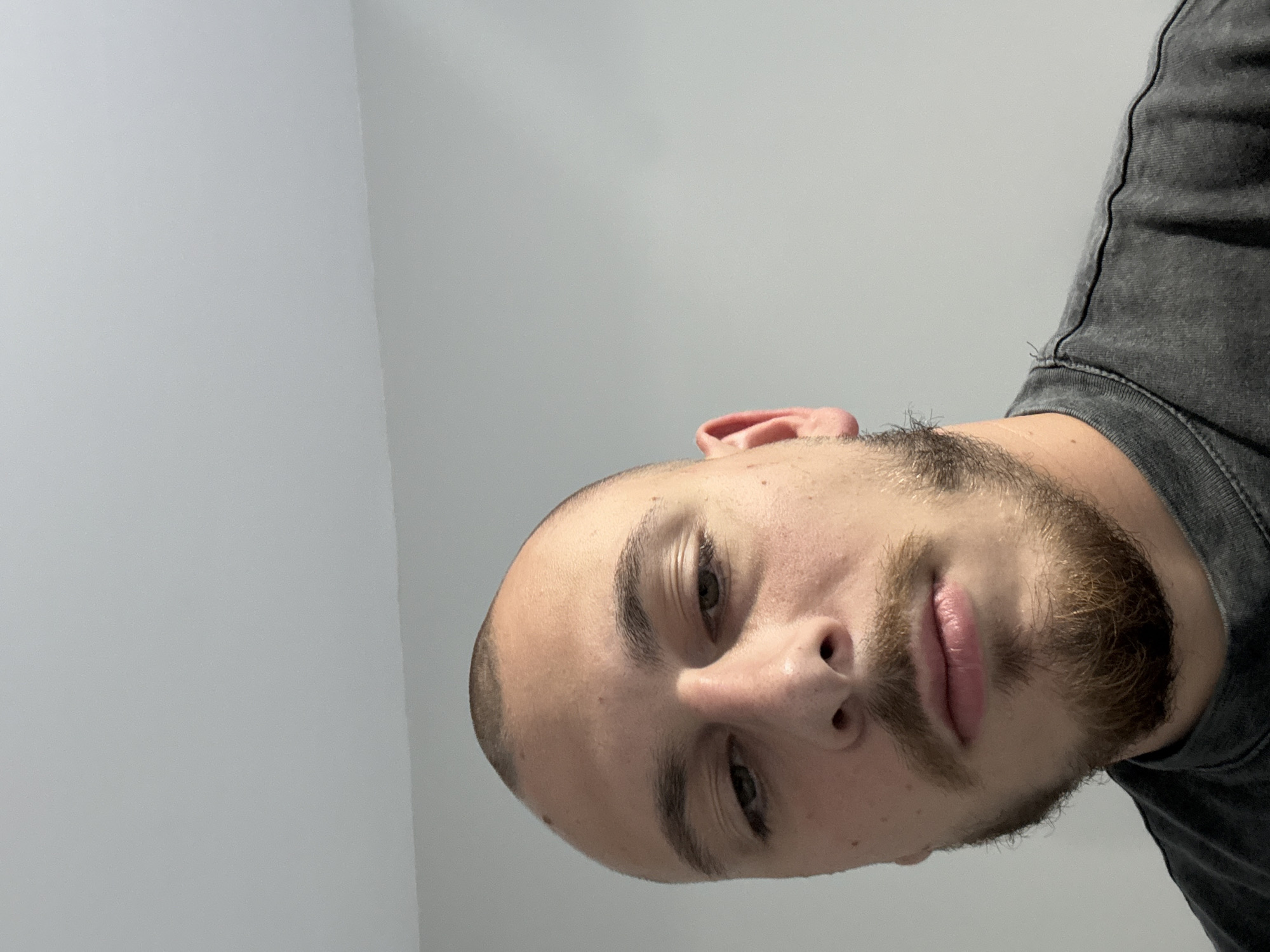 The image is a close-up, slightly downward-angled selfie of a young Caucasian male with a shaved head and a goatee. He is wearing a dark, grey, crew-neck t-shirt. The background is a plain, light grey wall. The lighting appears to be from above and slightly to the front, casting subtle shadows on his face. The subject's expression is neutral. The image appears to have been taken indoors in a room with minimal decoration. There is no indication of the specific location in Stara Zagora, Bulgaria.