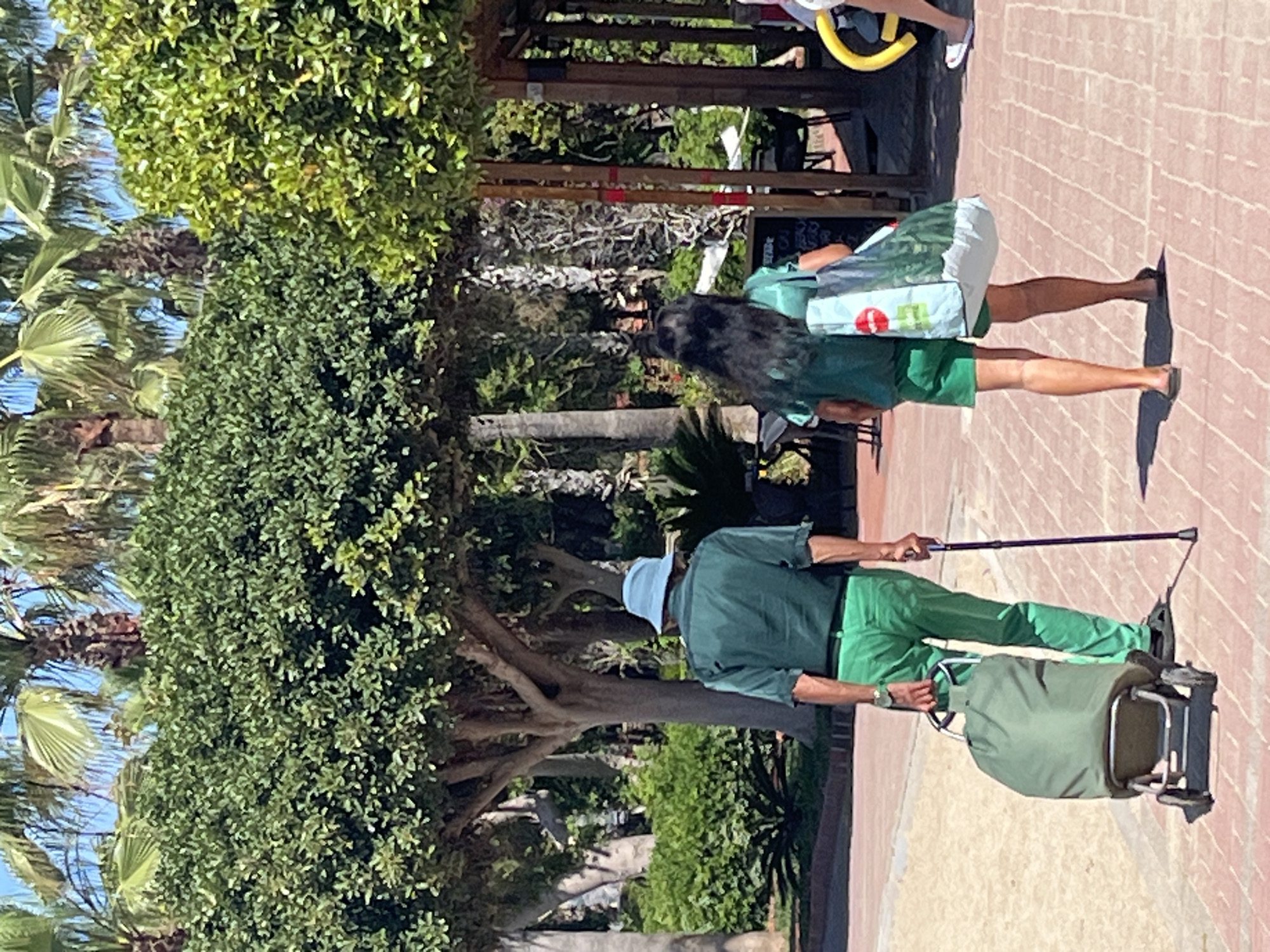 A medium shot shows two people on a brick pedestrian walkway, likely in Alanya, Turkey. On the right, a woman with long dark hair is walking away, carrying a large white and green shopping bag. She is wearing a green dress or top and shorts. Her dark footwear is visible.
To the left of her, an older man is walking with the assistance of a cane. He is wearing a matching green shirt and pants, and a light blue hat. He is pulling a folding wheeled cart with a green bag attached. Lush green trees and shrubs are visible in the background on the left side of the frame. Partial views of other people and structures are visible behind the woman on the right. The ground surface is a pedestrian walkway made of red and gray bricks.