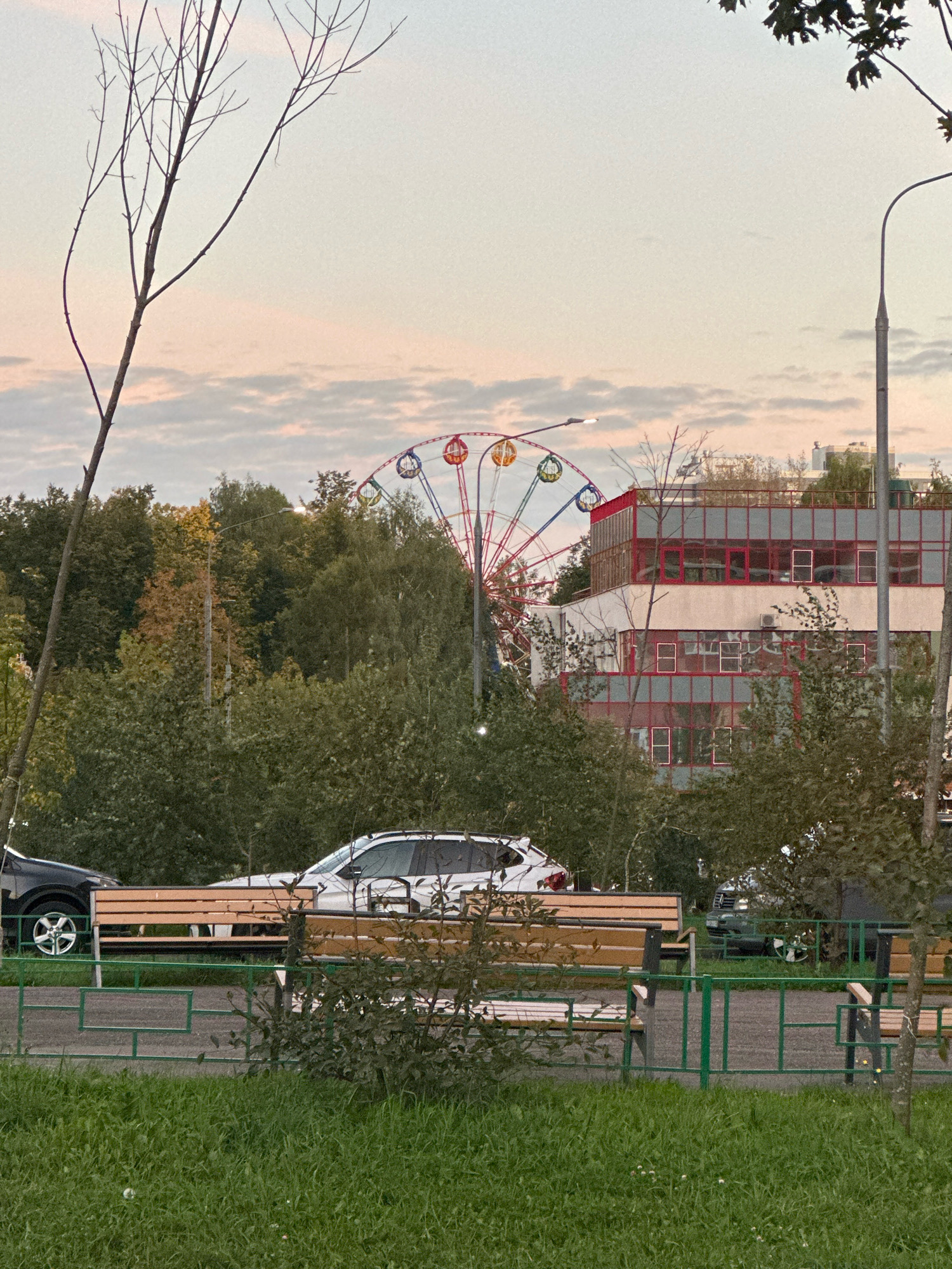 The image depicts a park area with a Ferris wheel and a modern building in the background. In the foreground, there are two park benches, one behind the other, separated by a green metal fence. Lush green grass covers the ground in front of the benches. A street runs behind the benches, with two cars parked on it. The building is a multi-story structure with a red frame and numerous windows, some of which are illuminated. The Ferris wheel, with its colorful cabins, is a prominent feature against a soft, cloudy sky. The overall impression is one of a recreational area within an urban setting, possibly during the evening or dusk.