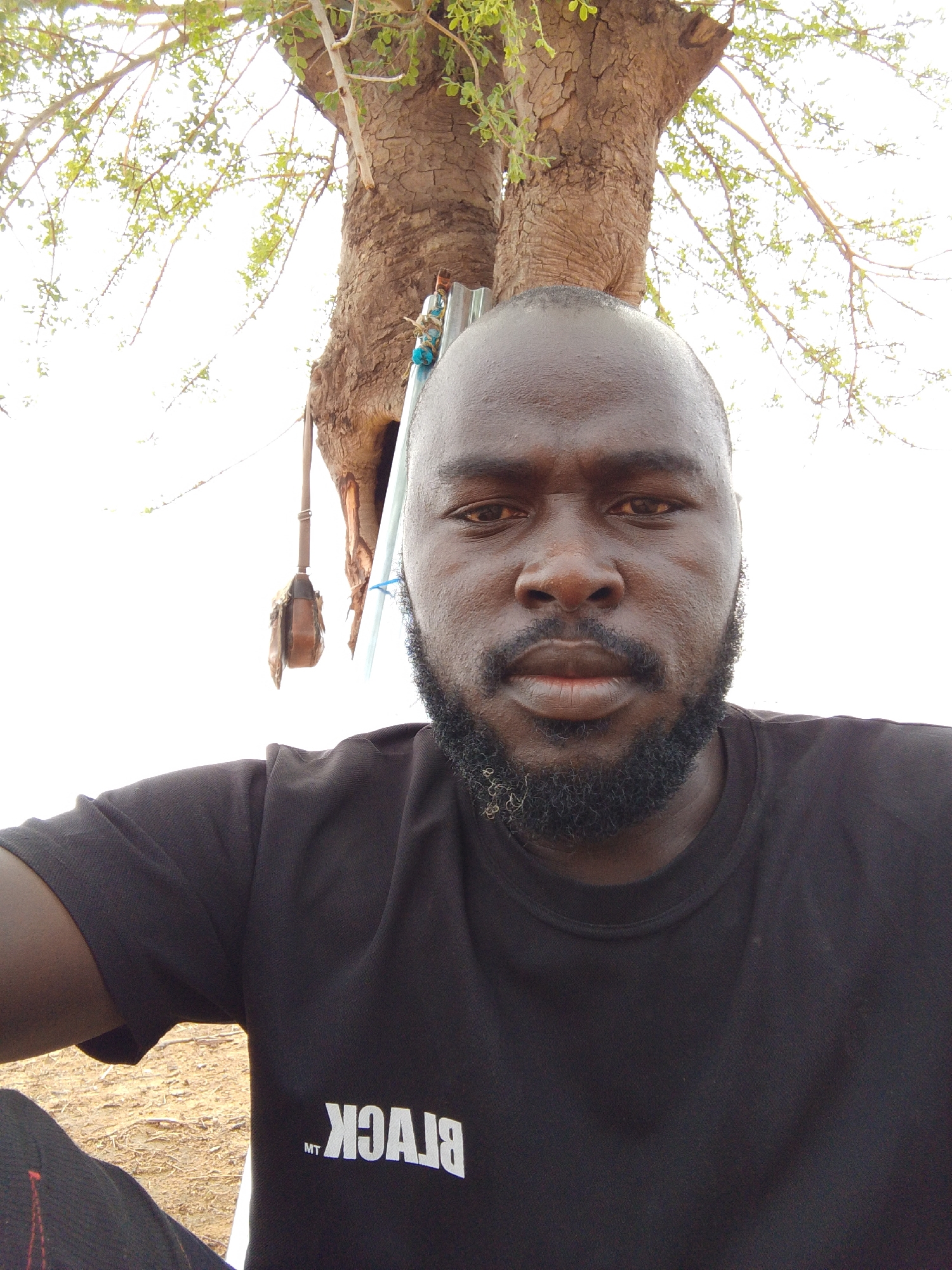 A close-up selfie of a dark-skinned man with a shaved head and a full beard wearing a black t-shirt with the word "BLACK" printed backward in white, likely taken outdoors under a tree. A leather pouch is hanging from the tree above him. The environment appears to be arid with sparse vegetation. Location within Mulke Barikin Sayejo, Nigeria cannot be determined from the image.