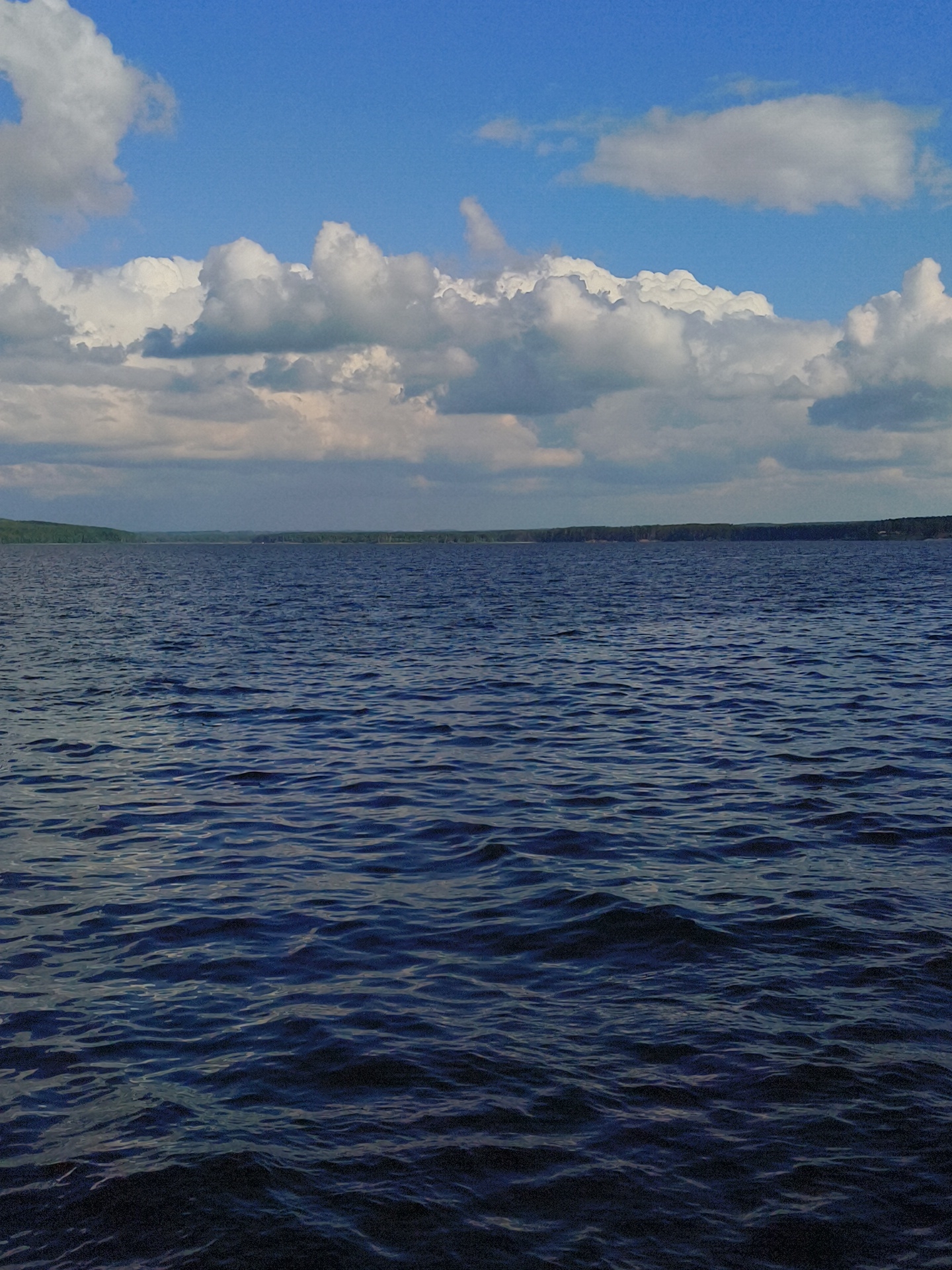 The image captures a serene natural landscape, primarily featuring a vast body of water under a dynamic sky. The scene is dominated by a deep blue body of water, likely a lake or wide river, which occupies the lower two-thirds of the frame. Its surface is covered with numerous small ripples and waves, indicating a gentle breeze. The water appears a rich, dark blue, with subtle variations in tone reflecting the light.
Above the water, the sky transitions from a lighter horizon to a vibrant blue overhead. It is adorned with a mix of clouds: large, bright white, fluffy cumulus clouds are prominent, alongside flatter, greyish clouds that stretch across the mid-sky, suggesting varying cloud layers. The interplay of light and shadow on these clouds adds depth to the sky.
A distant, low-lying horizon line separates the water from the sky, marked by a continuous band of dark green, densely forested land. No specific man-made structures or identifiable landmarks are visible on this distant shoreline.
The photograph depicts a peaceful daytime scene, likely during late morning or afternoon, given the bright, clear portions of the sky and the well-defined cloud formations. The weather appears fair and calm. There are no people, animals, or specific objects in the frame, nor is there any visible text. The setting, located in Chaikovsky, Russia, portrays the expansive beauty of a natural aquatic environment.