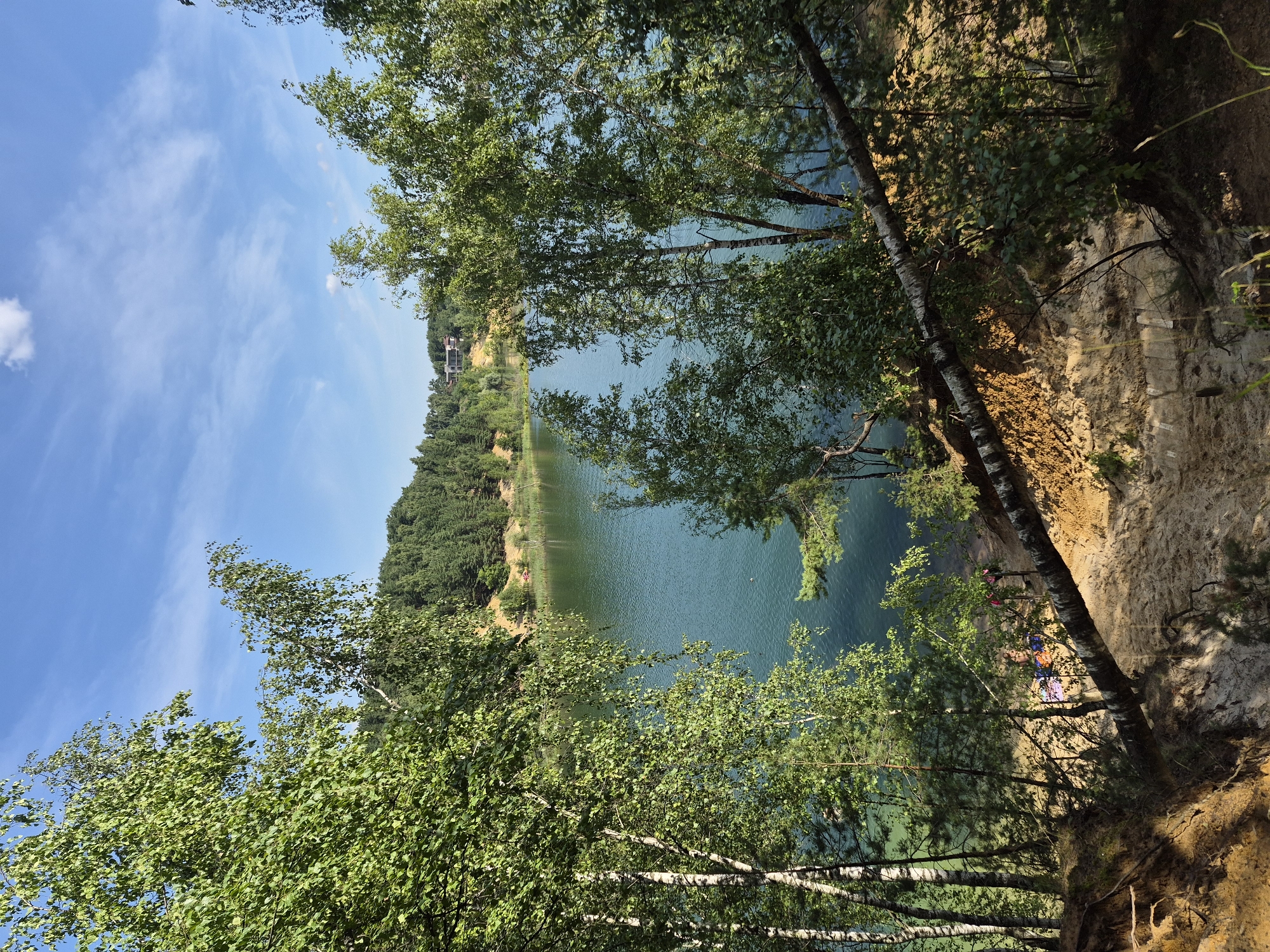 This image depicts a scenic view of a lake surrounded by trees and sandy slopes. The lake has a turquoise hue and appears calm, reflecting the blue sky. On the sandy bank, several people are visible, some appearing to be sunbathing or resting on towels. One person is partially visible in the water. A fallen tree trunk spans across the foreground, adding a rugged element to the landscape. In the background, a densely forested hill rises, with a few buildings visible at the top, suggesting a residential area. The overall scene is one of a natural recreational spot, likely a quarry lake, on a clear day. This is the Lyubertsy Quarry, a former sand and gravel quarry located in the city of Lyubertsy, Russia, known for its striking turquoise water.