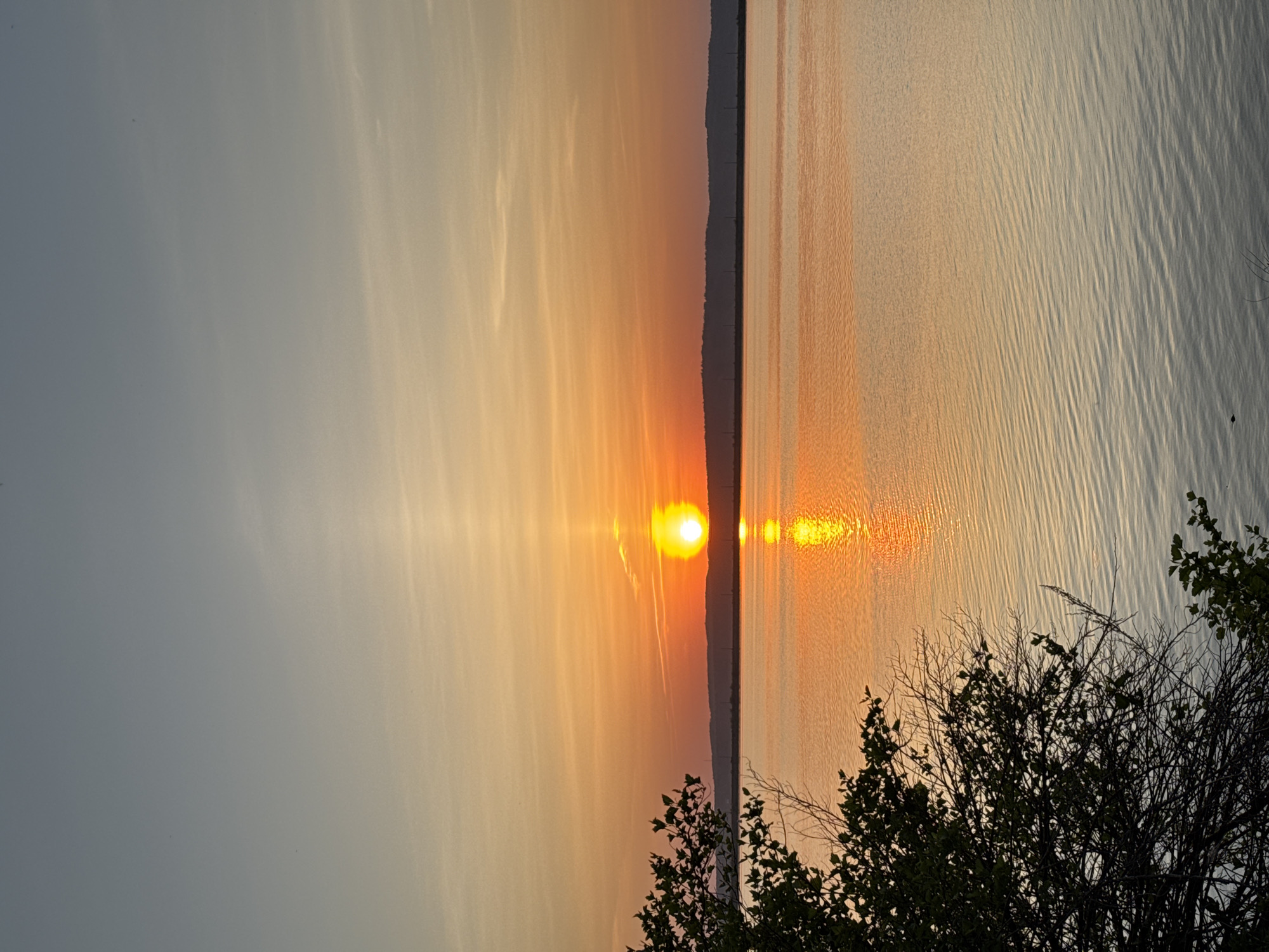 The image depicts a sunset over water, likely a river or lake, with the sun positioned just above the horizon, its reflection shimmering on the water's surface. A dark, tree-lined horizon separates the water from the sky. Silhouetted trees are visible in the foreground. Given the prompt's indication of the location being Chaikovsky, Russia, it is probable that this is a view from the riverbank. The sky is a gradient of colors, ranging from light gray to orange. The overall scene suggests a calm, serene atmosphere.