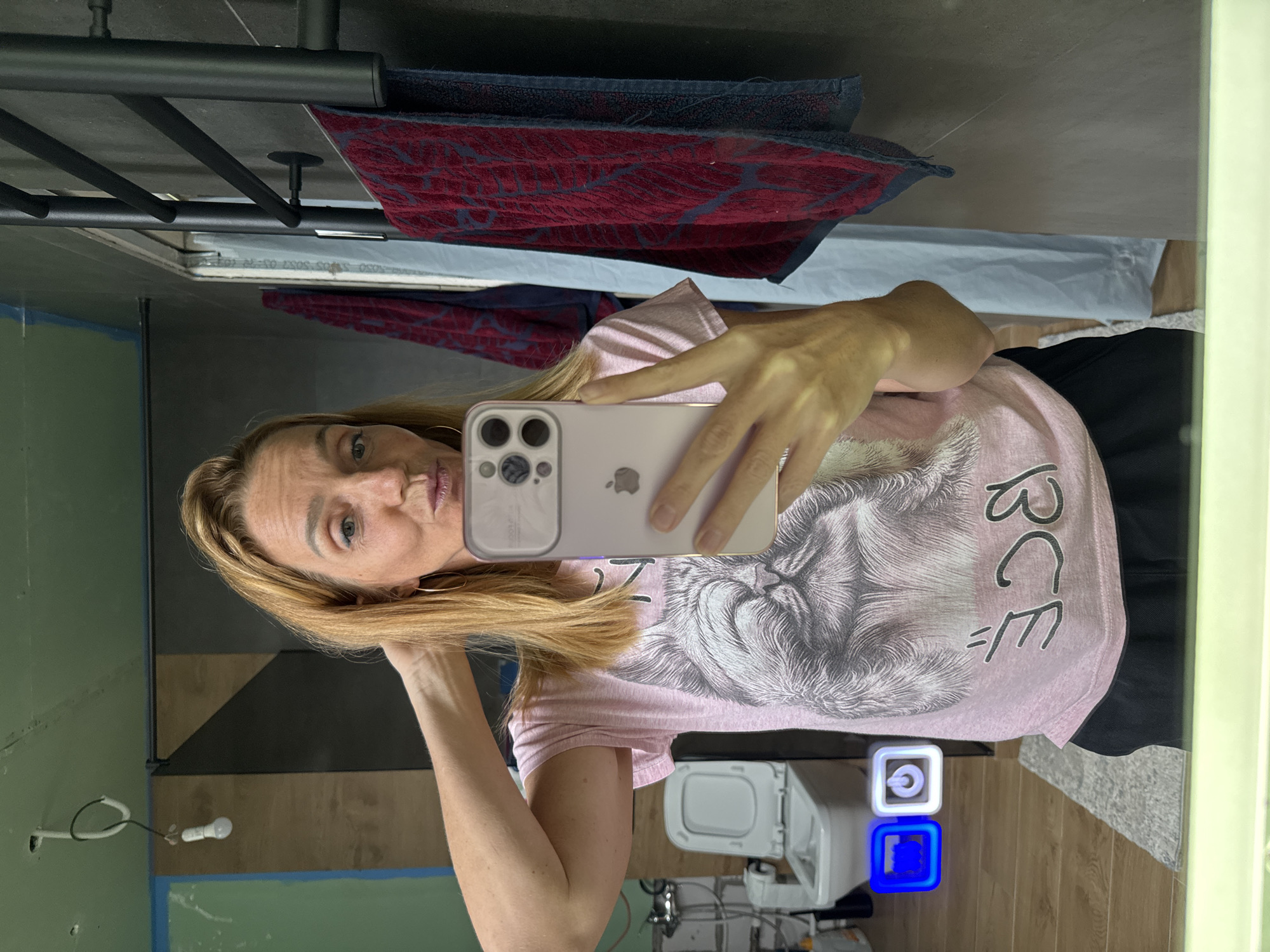 The image is a selfie taken in a bathroom, likely in Steklyannyi, Russia. The main subject is a woman with blonde hair, wearing a pink t-shirt with a large grey cat graphic on it. She is holding a smartphone, taking the picture. She is wearing hoop earrings and has a playful expression, with her lips pursed.
The bathroom appears to be undergoing renovation or construction. The walls are a mix of painted green, grey, and unfinished wood paneling. A light fixture with a visible light bulb is attached to the wall, and some blue tape is visible on surfaces. In the reflection of the mirror, a toilet is visible, along with some light switches or control panels that are illuminated with blue and white light. A towel rack with towels hangs on the wall above the mirror.
The lighting suggests it is daytime. The overall atmosphere is casual and personal, typical of a bathroom selfie. The visible text on her shirt reads "BCE".