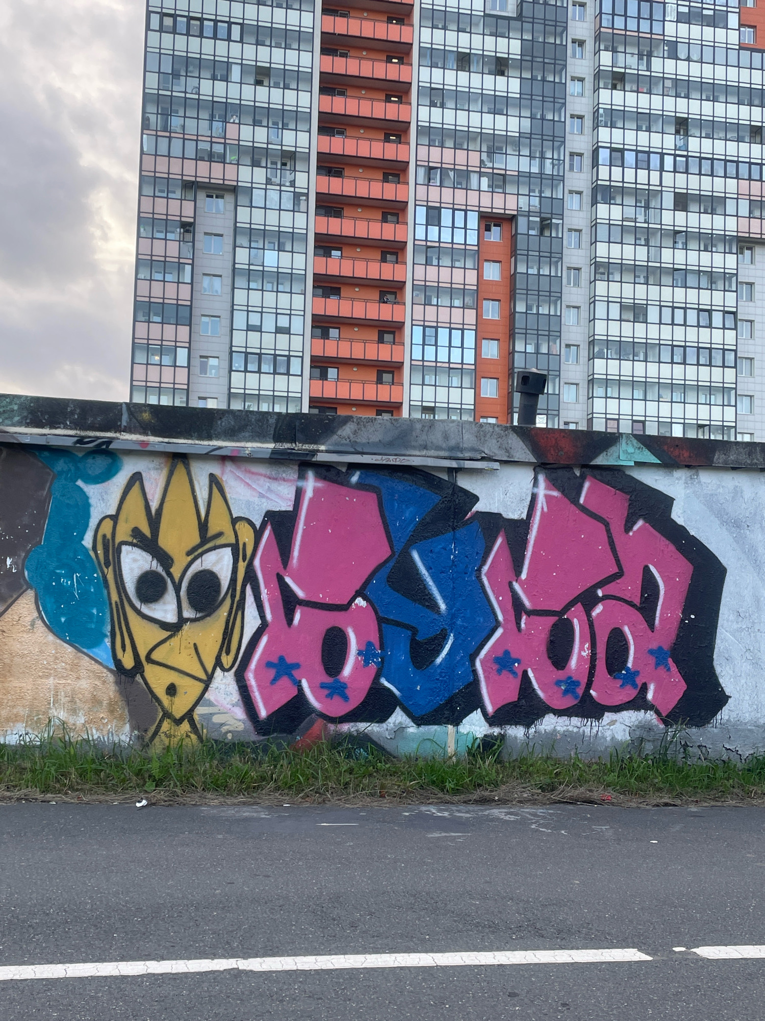 The image shows a graffiti-covered wall in front of a modern, multi-story building with a predominantly glass facade. The graffiti includes a yellow cartoonish face with large, expressive eyes, and stylized lettering in pink and blue, outlined in black. The lettering appears to be an acronym or word with star-shaped embellishments in blue. The wall itself is weathered, with some patches of exposed concrete or plaster. A strip of overgrown grass and weeds runs along the base of the wall, separating it from a paved road with a white line marking. The sky is overcast. The building in the background is tall and segmented, with balconies and different colored panels, suggesting an apartment complex. The overall scene depicts an urban environment, likely in a residential area of Saint Petersburg, Russia, given the architectural style and the graffiti. No people are visible in the image.