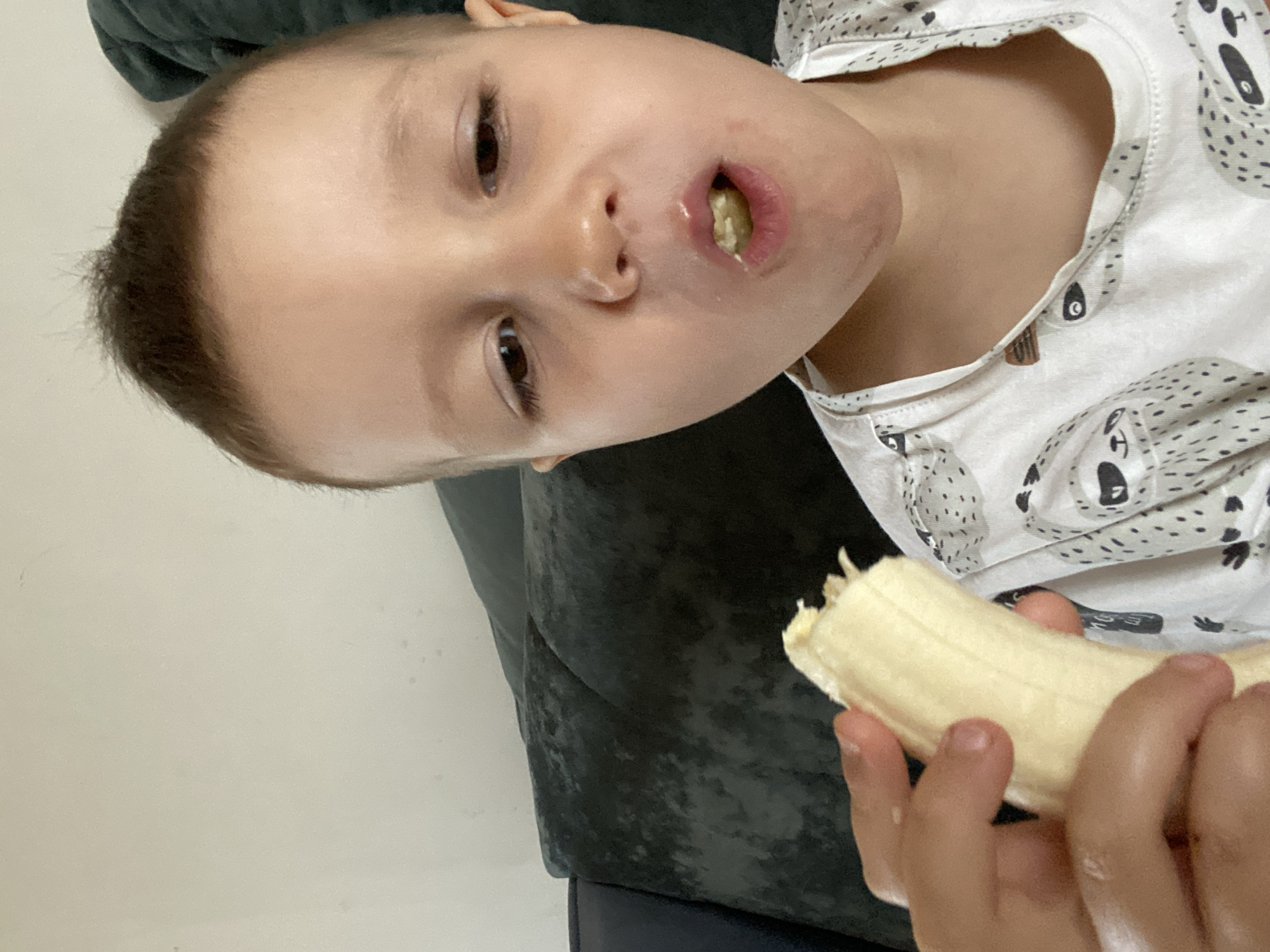 A young child is positioned in the center of the image, presumably sitting on a dark-colored upholstered chair or couch. The child is holding a peeled banana in their hand, and a piece appears to be in their mouth. The child is wearing a light-colored top with a print that includes bear designs. The background consists of a plain white wall. The location in the city of Chaikovsky, Russia, is not evident from the image.