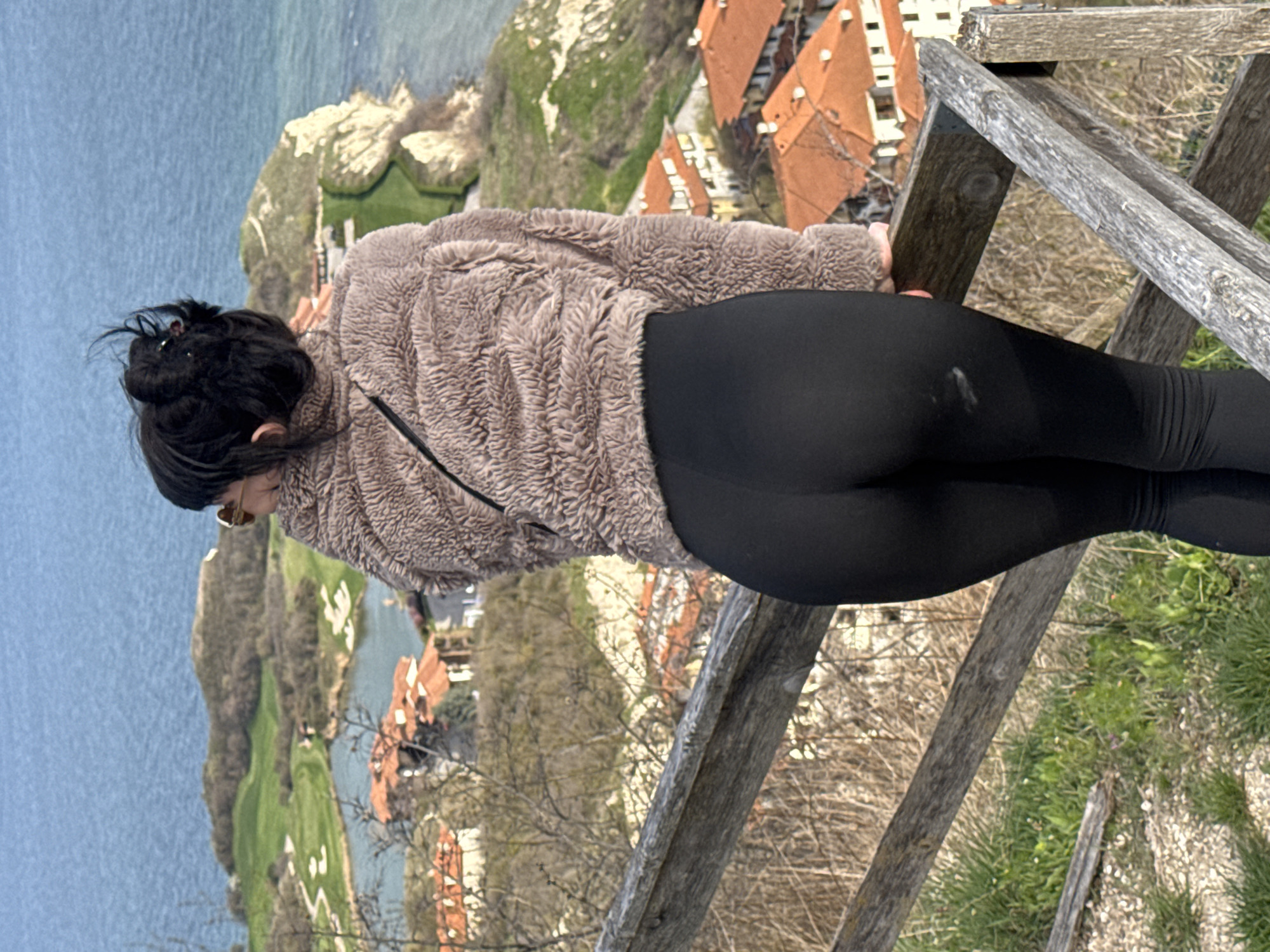A woman stands on a wooden structure, possibly a viewing platform or fence, overlooking a coastal landscape. She has dark hair pulled up in a bun and is wearing sunglasses, a fuzzy brown jacket, and black leggings. The scene offers a high-angle view with the woman positioned to the right of the frame.
In the background, a body of water (possibly the sea or a large lake) stretches out, adjacent to a green cliffside. Further inland, there's a developed area with buildings that have red roofs. The foliage includes trees that are either leafless or have sparse leaves, suggesting it might be late autumn or early spring. The grassy area can be seen in the lower right-hand corner. It can be determined that this image was taken near the city of Topola, Bulgaria due to the combination of sea/lake views, and red-roofed buildings which are prominent throughout the area.