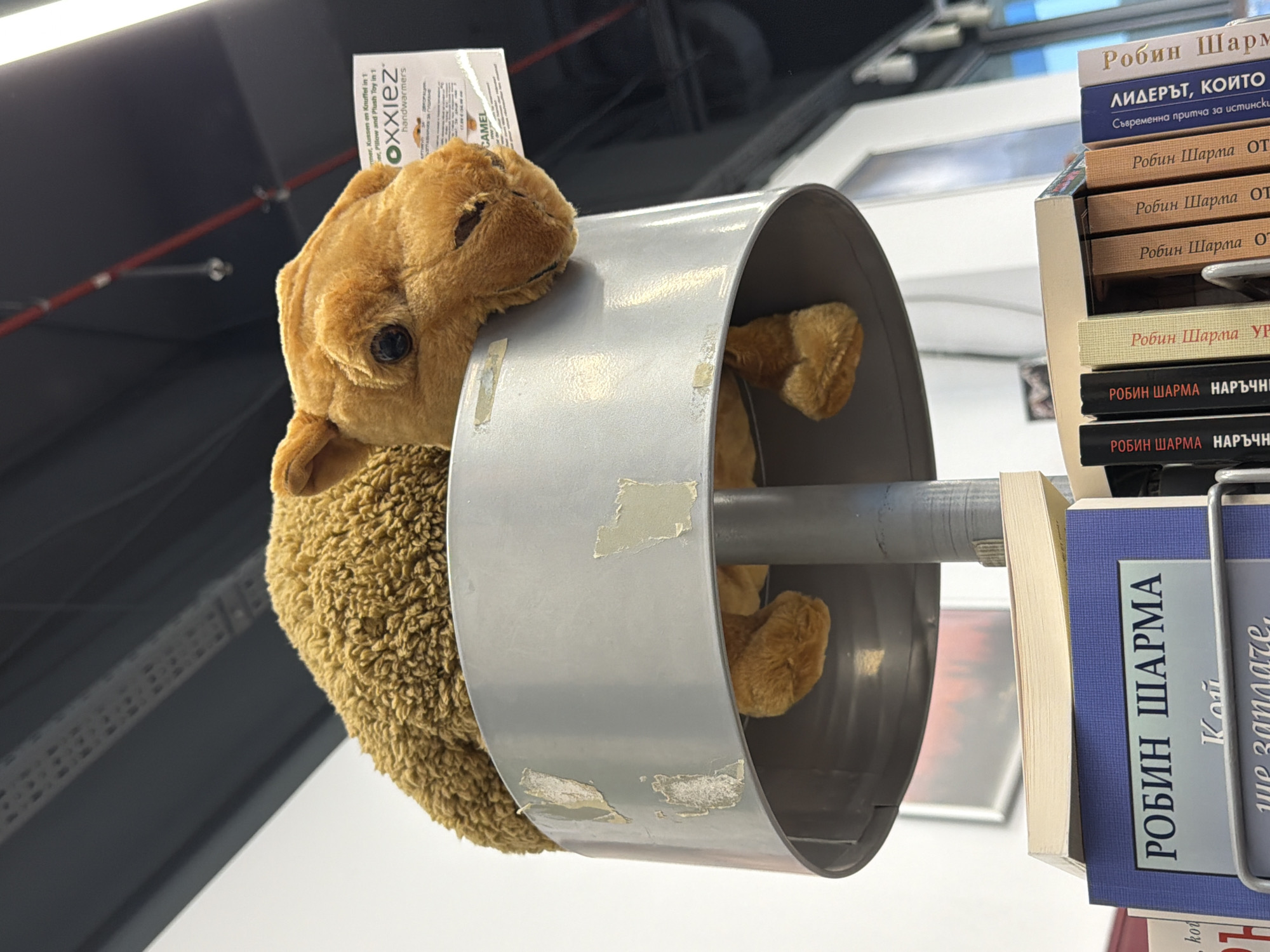 A close-up shot depicts a plush camel toy seemingly suspended in mid-air by a gray cylindrical structure. The toy, featuring a brown head and furry body, partially emerges from one end of the cylinder. Adhered to the toy's head is a tag with the brand name "oxxiez." The cylinder is fixed on a gray, horizontal pole and attached to a book display unit showing several copies of books by author Robin Sharma, with Cyrillic lettering. The image was taken inside a store in the city of Pleven, Bulgaria.