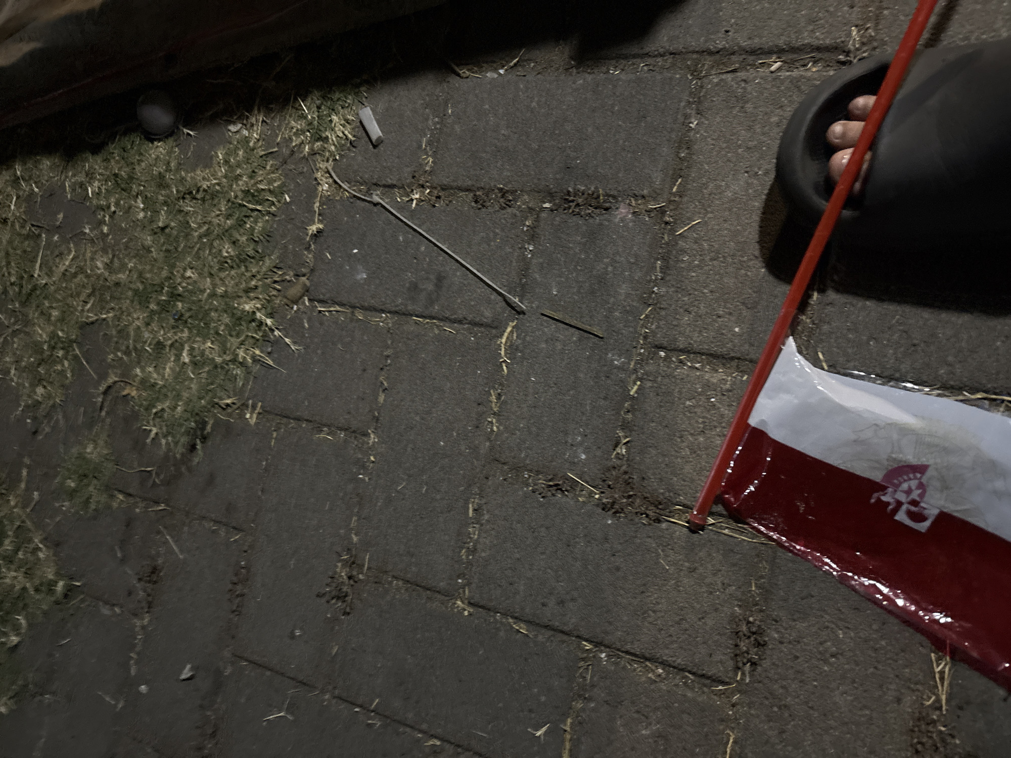 The image shows a close-up, low-angle view of a person's foot, clad in a black slide sandal, resting on a red-and-white flag. The flag appears to be made of plastic or a similar synthetic material and has a crest or emblem printed on it. The flag is draped over a paved surface composed of rectangular brick pavers, with some patches of grass and dirt visible between them. A thin, grey, flexible rod, possibly a wire tie or a thin piece of plastic, lies diagonally across the pavers, extending from the lower left to the upper right of the frame. The scene appears to be outdoors, possibly in a public area given the paving stones and grass. The lighting suggests it is either dusk or nighttime, with artificial light casting shadows. There is no visible context to place this scene specifically in Palimanan, Indonesia.