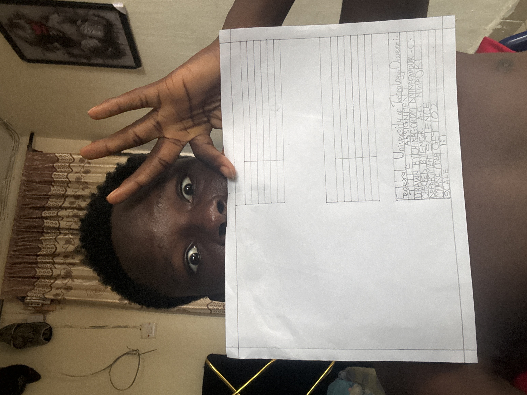A person is holding a sheet of paper in front of their face. The paper has a hand-drawn grid and writing, indicating it is a technical drawing assignment from the Federal University of Technology, Owerri. The text includes the words: "ASSIGNMENT," "DRAWN BY CHINAGOROM DIVINEFAVOUR.C," "CHECKED BY ENGR. A.F. NIWABI," "DEPARTMENT SCIENCE," "COURSE CODE GET 102," and "SCALE 1:1." The background includes part of the person's torso, a wall with a patterned curtain, a picture frame hanging on the wall, and electrical components. The image was taken in an indoor environment, potentially a residential room. This may be Ihiagwa, Nigeria, given the location of the university.