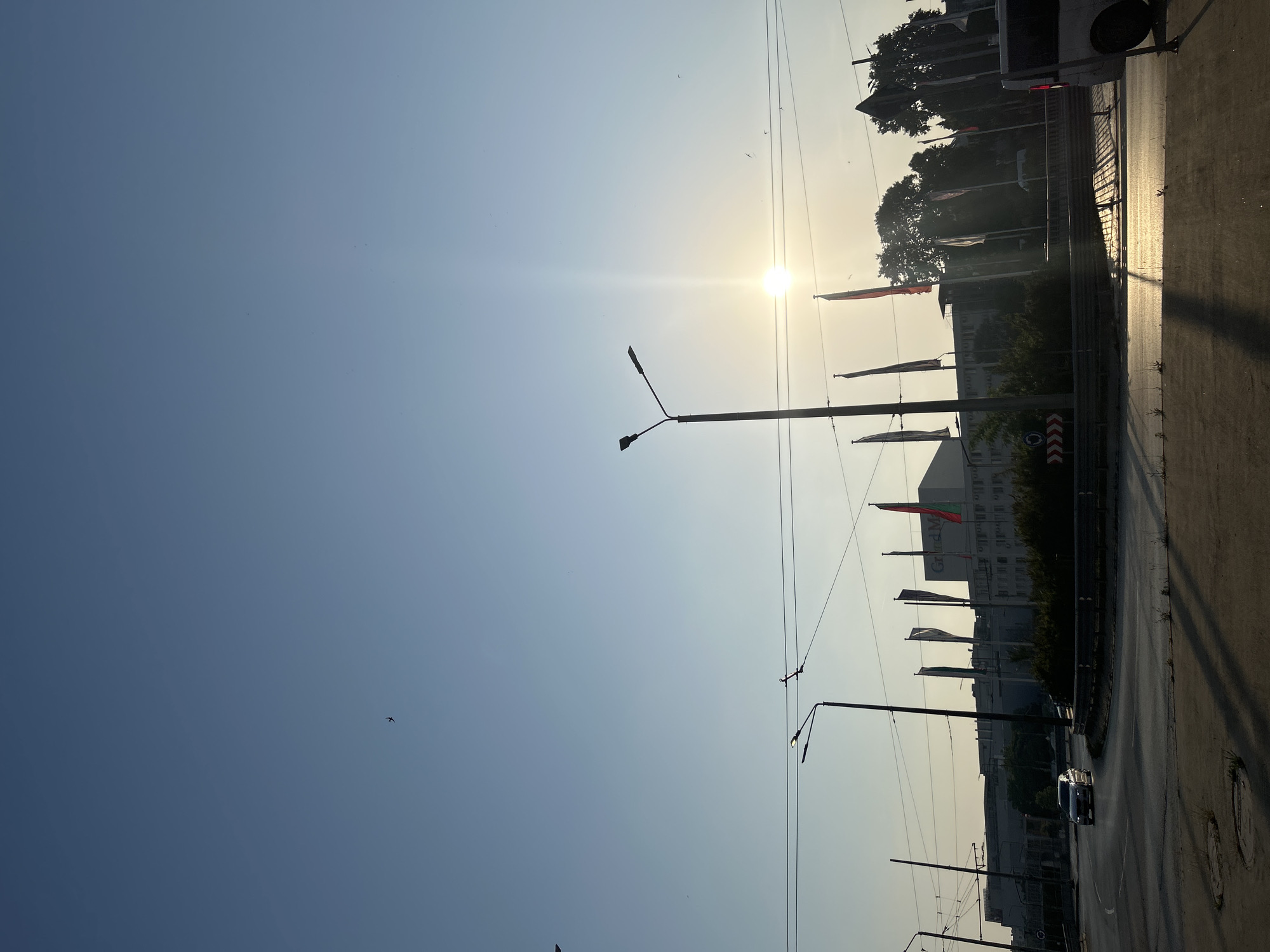 This is an outdoor urban scene in Varna, Bulgaria, depicting a multi-lane road and a roundabout under a clear, bright sky. The sun is low on the horizon to the right, casting a strong glare and producing long shadows across the asphalt surface.
The upper portion of the image shows a clear, light blue sky, transitioning to a hazy, bright white-yellow near the sun's position. A small, dark silhouette of an airplane is visible in the upper-left quadrant, and several tiny dark specks, likely birds, are scattered across the sky.
In the mid-ground, a prominent dark streetlight with a double arm stands centrally, with another partially visible on the far left. A network of dark power lines and overhead wires crosses the frame. Below these wires, a row of tall, vertical flags, mostly silhouetted against the bright light, displays hints of red and green colors on some, suggesting a gentle breeze. Dark green trees and dense bushes form a line behind the flags and along the roadside.
In the background, a large, light-colored commercial building with the text "Grand Mall" clearly visible on its upper facade occupies the center-right. Other less distinct structures are visible behind the foliage.
The foreground features an asphalt road, which is highly reflective where the sunlight hits it, contrasting with deep, elongated shadows cast by the streetlights, poles, and barriers. A silver or grey sedan is visible on the road, turning left, with its front illuminated by the sun. On the far right edge of the frame, the rear portion of a white van is visible. Road signage includes a blue circular "keep left" sign with white arrows on the left and a red and white chevron warning sign further right. A metal barrier or guardrail runs along the roadside. No people are distinctly visible.