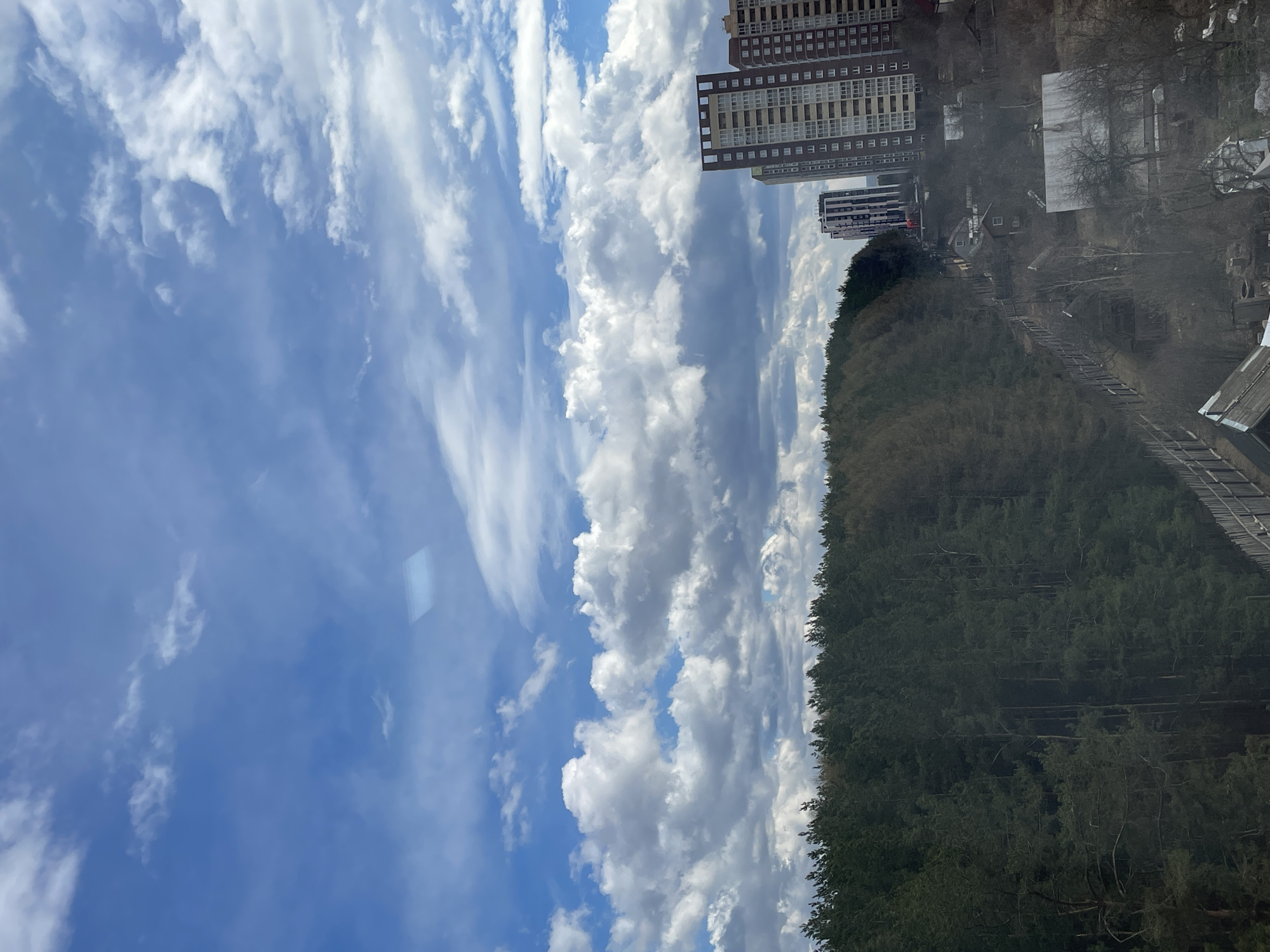 The image presents a panoramic landscape view, appearing to be taken from an elevated vantage point and showing a juxtaposition of nature and urban development.
The upper portion of the frame is dominated by a bright blue sky, filled with an array of white and light grey clouds. These range from fluffy cumulus formations to more delicate, wispy cirrus streaks, suggesting fair weather. A faint, light-colored rectangular reflection is visible in the upper left quadrant of the sky, likely from a window.
Below the sky, a vast, dense forest stretches across the middle and lower left of the frame. This appears to be a coniferous forest, characterized by dark green trees, suggesting a significant natural area. The horizon line where the forest meets the sky is relatively flat.
On the right side of the image, contrasting sharply with the natural landscape, stand several tall, modern apartment buildings. These multi-story structures feature numerous windows and repetitive architectural patterns, indicative of contemporary residential high-rises. Closer to the forest's edge, in the midground, are glimpses of smaller, less distinct structures and bare deciduous trees, suggesting a more transitional or rural-urban fringe area.
No specific activity or event is taking place; the scene captures a static moment. The time of day appears to be daytime, likely late morning or early afternoon, given the bright and even illumination. The weather is clear with scattered clouds. The location is contextualized as Izhevsk, Russia. There is no visible text in the image.
