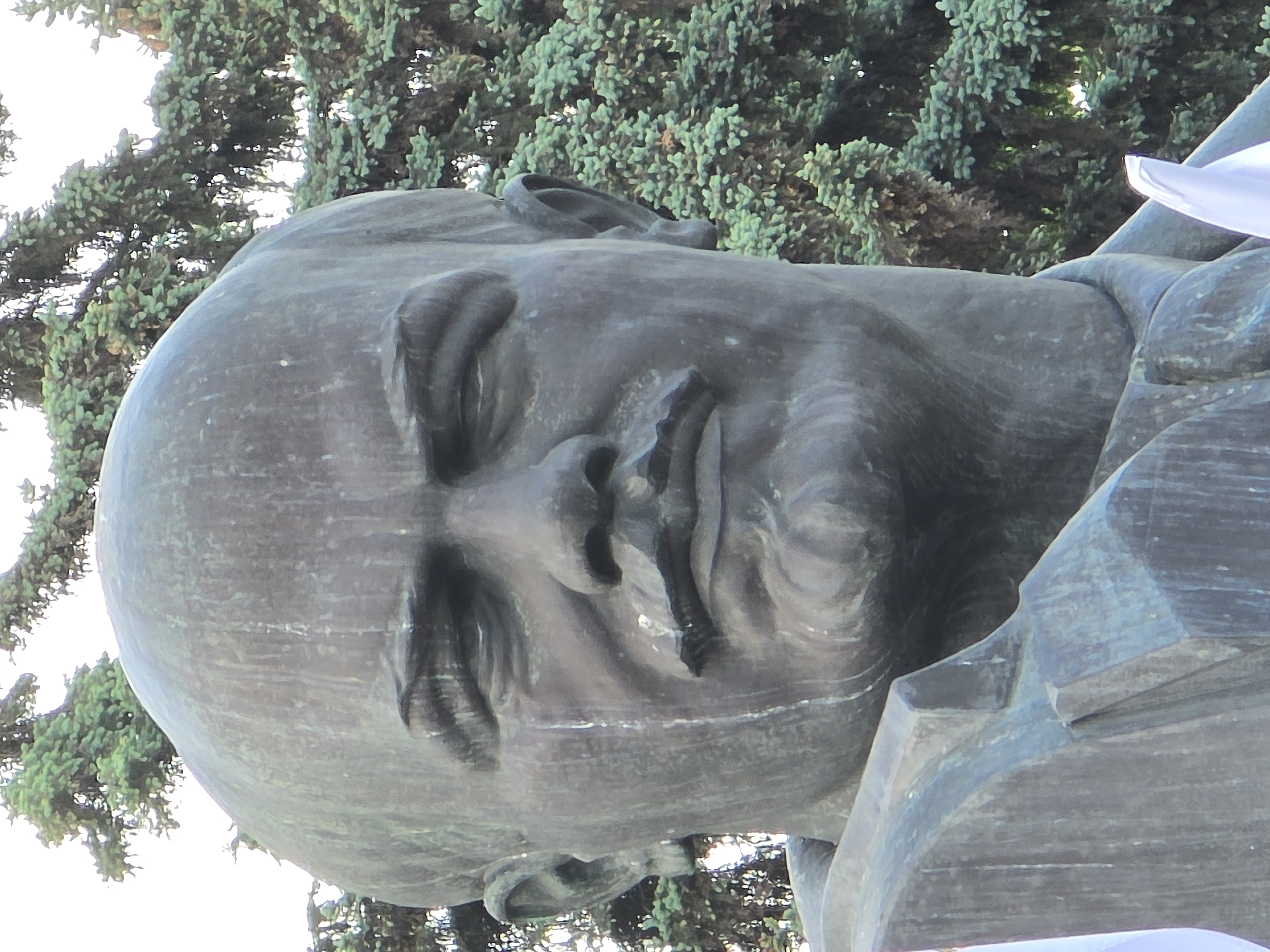A low-angle shot depicts a bronze bust statue of Andrei Tarkovsky, located in Khimki, Russia. The statue is positioned against a backdrop of evergreen trees, which are slightly blurred. The bust portrays Tarkovsky with closed eyes, and a serene expression. He is wearing a collared shirt, its details visible in the lower right of the frame. The bronze material of the bust displays a mottled patina, suggesting age and weathering. Sunlight filters through the trees, creating dappled lighting on the bust.