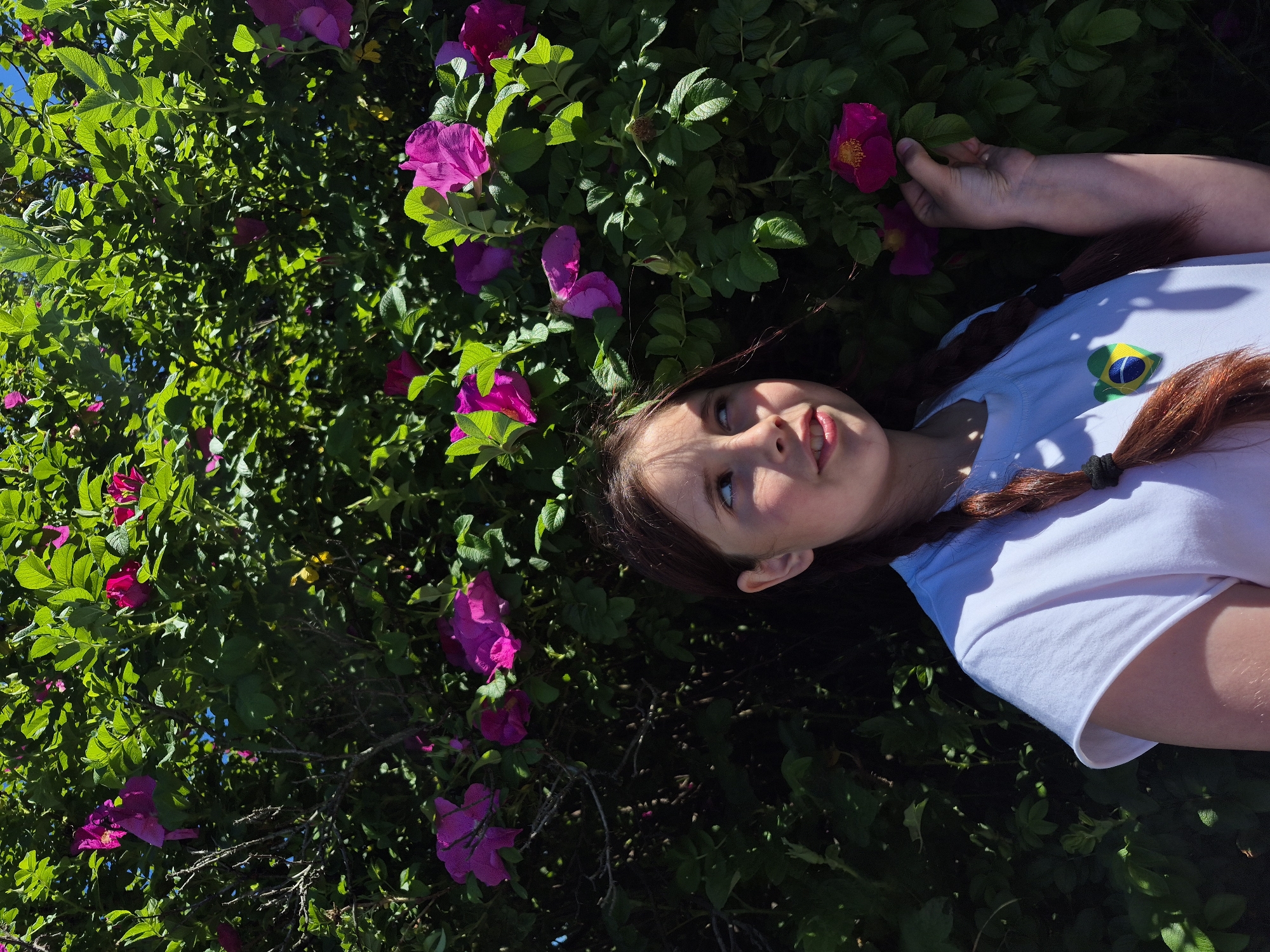 In an outdoor scene in Chaikovsky, Russia, a young person with auburn hair styled into two braids stands before a dense bush of pink roses. The person is wearing a white t-shirt with a green, yellow, and blue emblem on the left chest. Their gaze is directed upwards and to the right, with a slight smile. One hand is raised, gently touching a rose bloom. The background is dominated by the lush green foliage and vibrant pink flowers of the rose bush, with hints of blue sky visible through the leaves. The lighting suggests a sunny day.