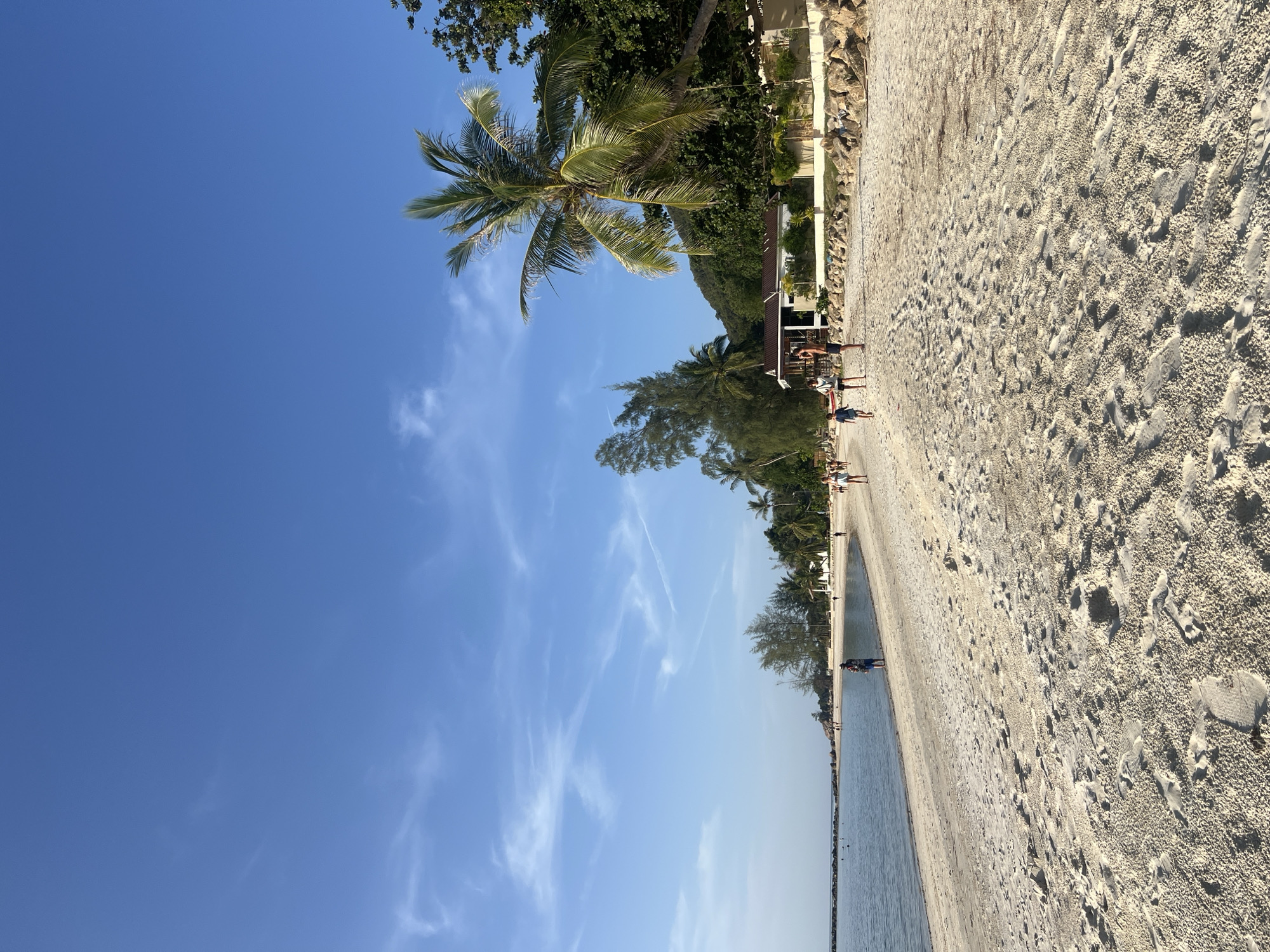 This is a full-shot, eye-level, vertical photograph of a beach scene in Ko Pha-ngan District, Thailand. The sky is clear blue with thin white clouds. The foreground is dominated by a sandy beach with numerous footprints. The middle ground features the calm sea on the left and a sandy shoreline with several people walking and standing. A few buildings with brown roofs and palm trees are visible on the right side of the beach, backed by a lush green hillside. A prominent palm tree leans over the scene on the right. The overall atmosphere is bright and sunny, suggesting a pleasant day at the beach.