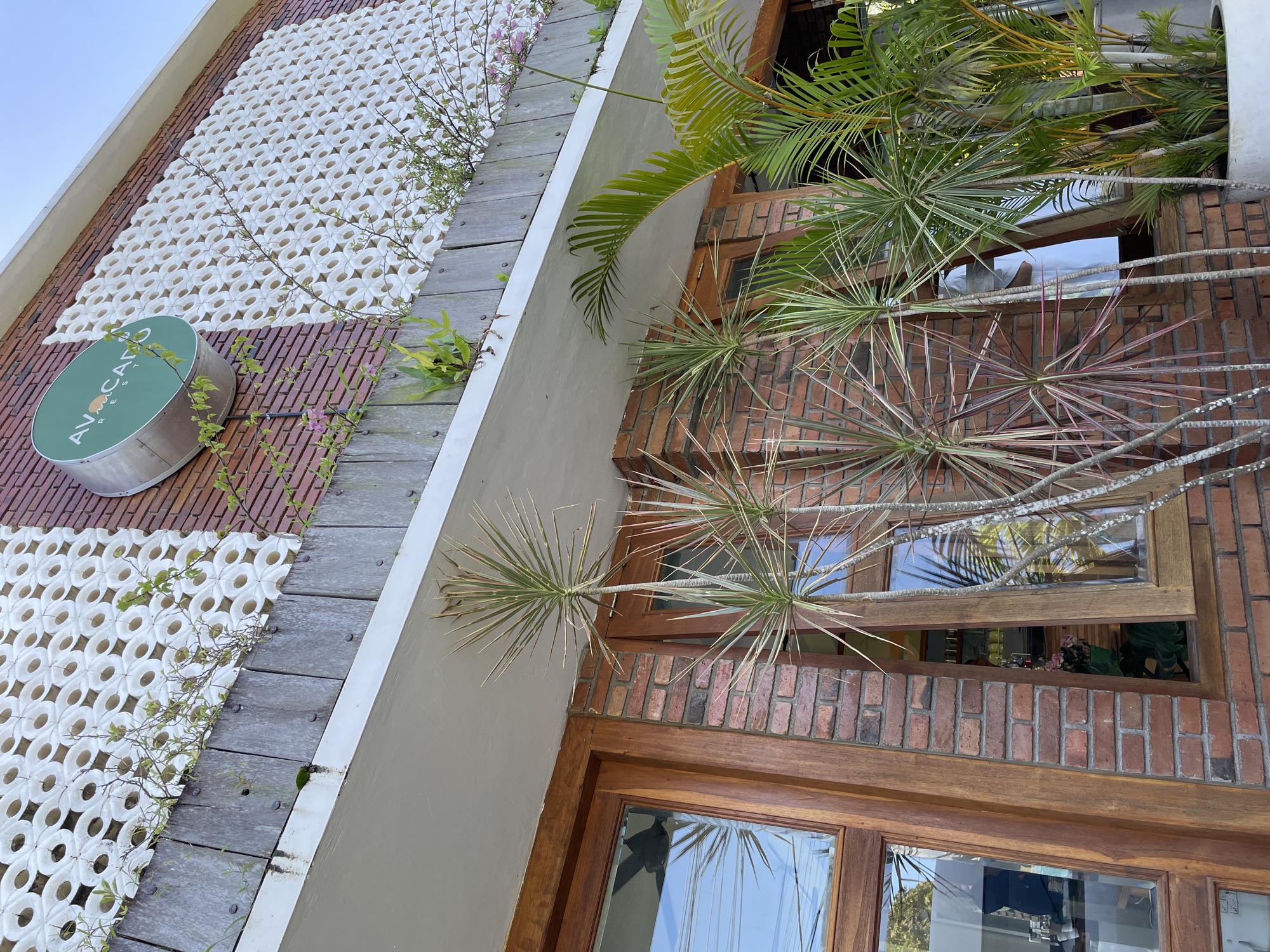 The image shows the exterior of a building, potentially a resort, identified by a sign that reads "AVOCADO." The building features a mix of architectural styles, including brickwork, white decorative lattice panels, and wooden elements. Vegetation, including palm trees and other plants, is integrated into the design, contributing to a tropical aesthetic. The location is implied to be in Pekutatan, Indonesia, based on the sign's full name. The scene captures the building's facade with a slightly angled perspective. The windows reflect the sky and surrounding foliage.