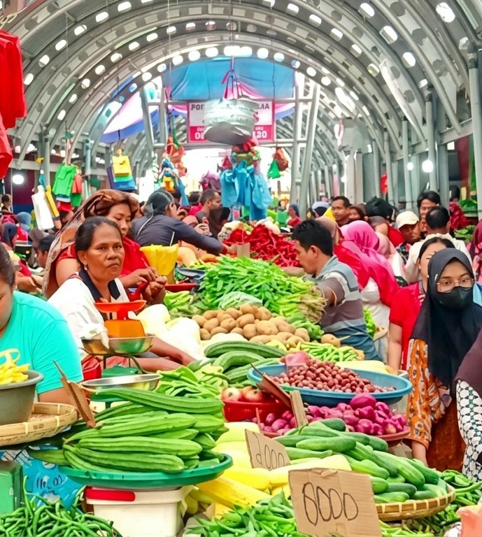 The image depicts a bustling vegetable market scene, likely in the City of Medan, Indonesia. Several vendors and customers fill the frame. The vendors are positioned behind tables overflowing with fresh produce, including long green gourds, cucumbers, potatoes, beans, and radishes. Some vendors are weighing items with scales, while others appear to be interacting with customers. The customers, diverse in age and attire, are selecting and purchasing vegetables. The market is covered by a large, arched metal roof. Signage displaying prices is visible among the produce.