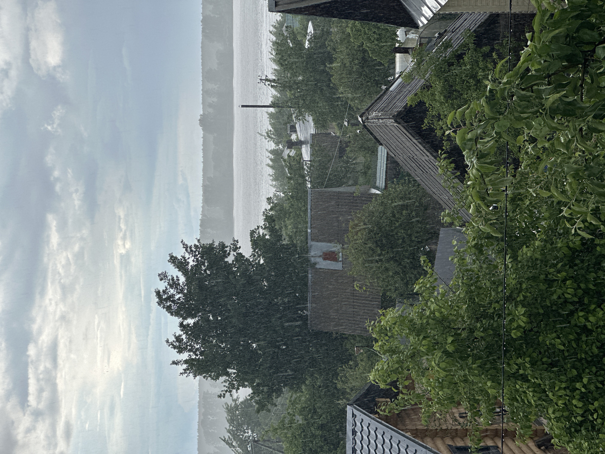 The image presents an elevated view of a residential area in Chaikovsky, Russia, experiencing a heavy rain shower. The scene is characterized by abundant, lush green trees and dense foliage, interspersed with various houses. These homes exhibit diverse roof styles, including dark corrugated, flat grey, and brown tiled roofs; one roof notably features a rusted vent or chimney, and another has a distinct white object, possibly a small boat or surfboard, on its surface.
Heavy rain is actively falling across the entire frame, visible as numerous streaks that contribute to a misty, blurred effect, particularly in the background. In the mid-ground, a dark utility pole with overhead wires is visible among the structures and trees. Beyond the immediate settlement, a wide body of water stretches across the mid-distance, its surface indistinct due to the precipitation. The far bank of this water body is lined with a dense, dark strip of distant forest.
The sky above is overcast, displaying muted blue-grey tones with patches of brighter white clouds, indicating daytime conditions despite the downpour. No people are visible, and there is no discernible text in the image. The overall impression is one of a tranquil, natural moment during a summer rainstorm in a riverside settlement.