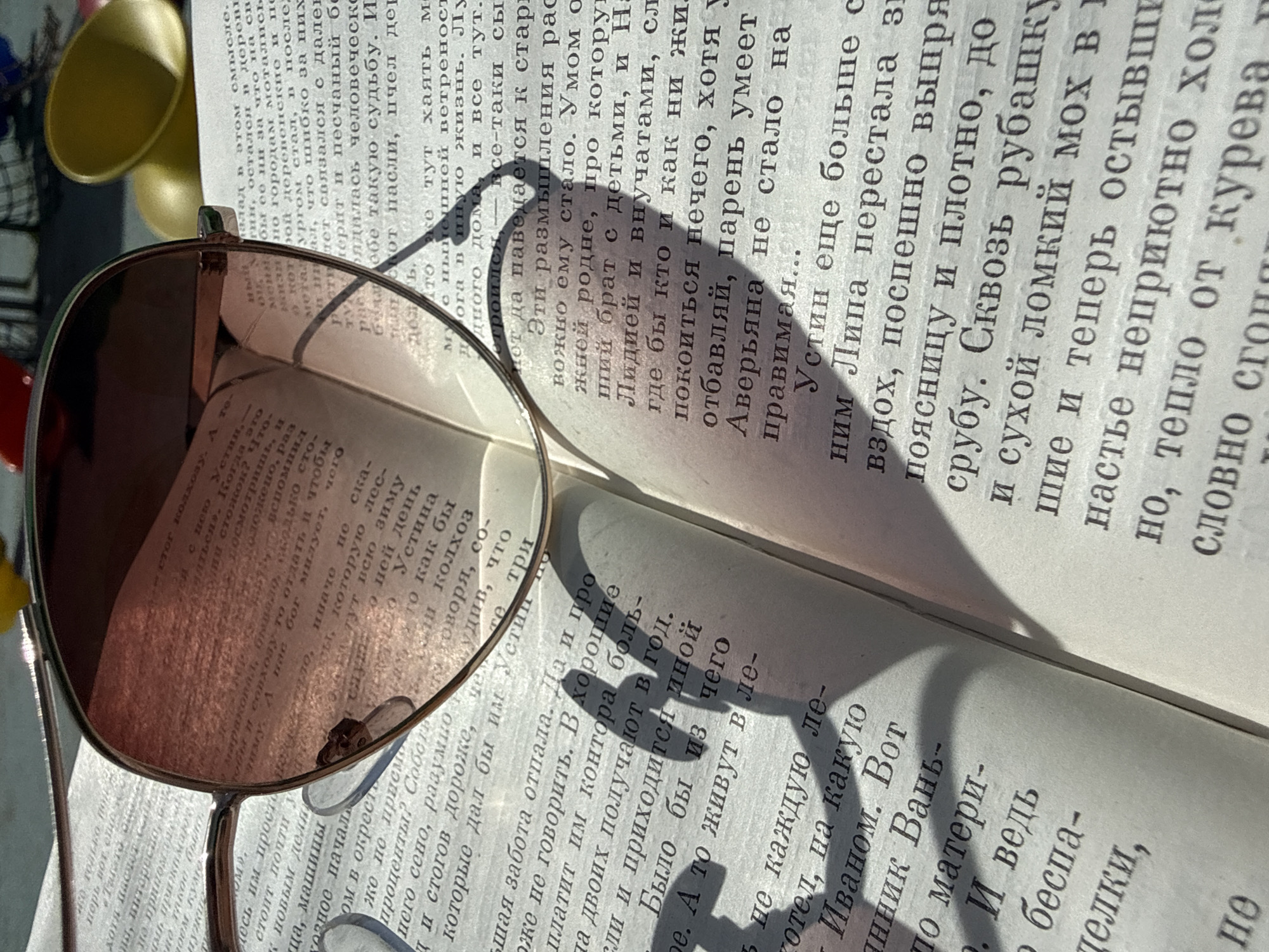 A close-up shows an open book with Russian text. A pair of gold-rimmed sunglasses rests on the pages. The book is lying flat, its pages slightly angled upward. The sunlight casts a shadow of the glasses onto the book. There is no information about Синьково, Russia, or people, subjects, actions, or interactions in the image.