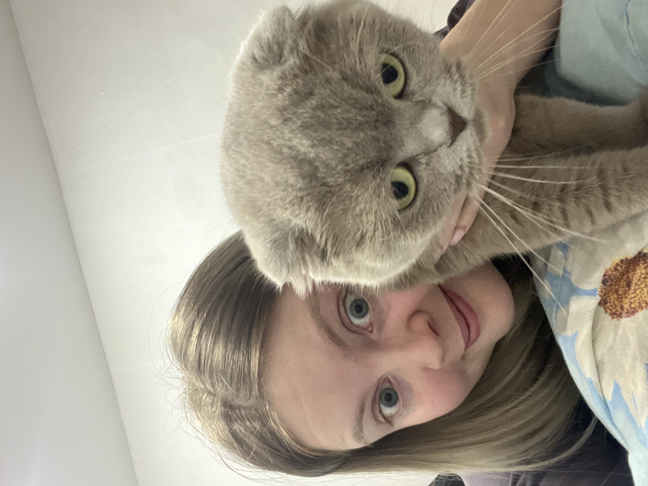 A woman with blonde hair and blue eyes is looking up at the camera. She is holding a gray Scottish Fold cat close to her face. The cat has distinctive folded ears and yellowish-green eyes. The background is a mix of colors and patterns from the woman's clothing, including shades of blue and white. The photo is taken at an unusual angle, with the camera positioned below the subjects.