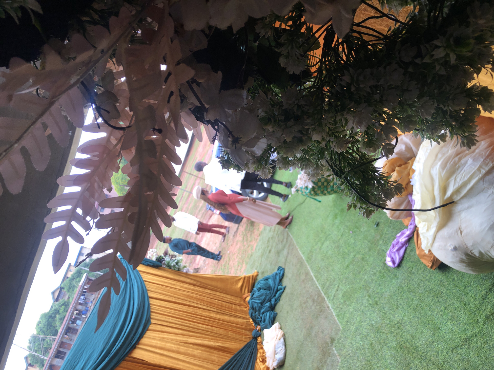 The image captures an outdoor event, likely a gathering or celebration, in Onitsha, Nigeria. In the background, several people are visible standing on a grassy area. The foreground features draped fabric in shades of gold and teal, suggesting a decorated setting. White flowers and foliage hang from above, framing the scene. The environment includes buildings in the distance, hinting at an urban landscape.