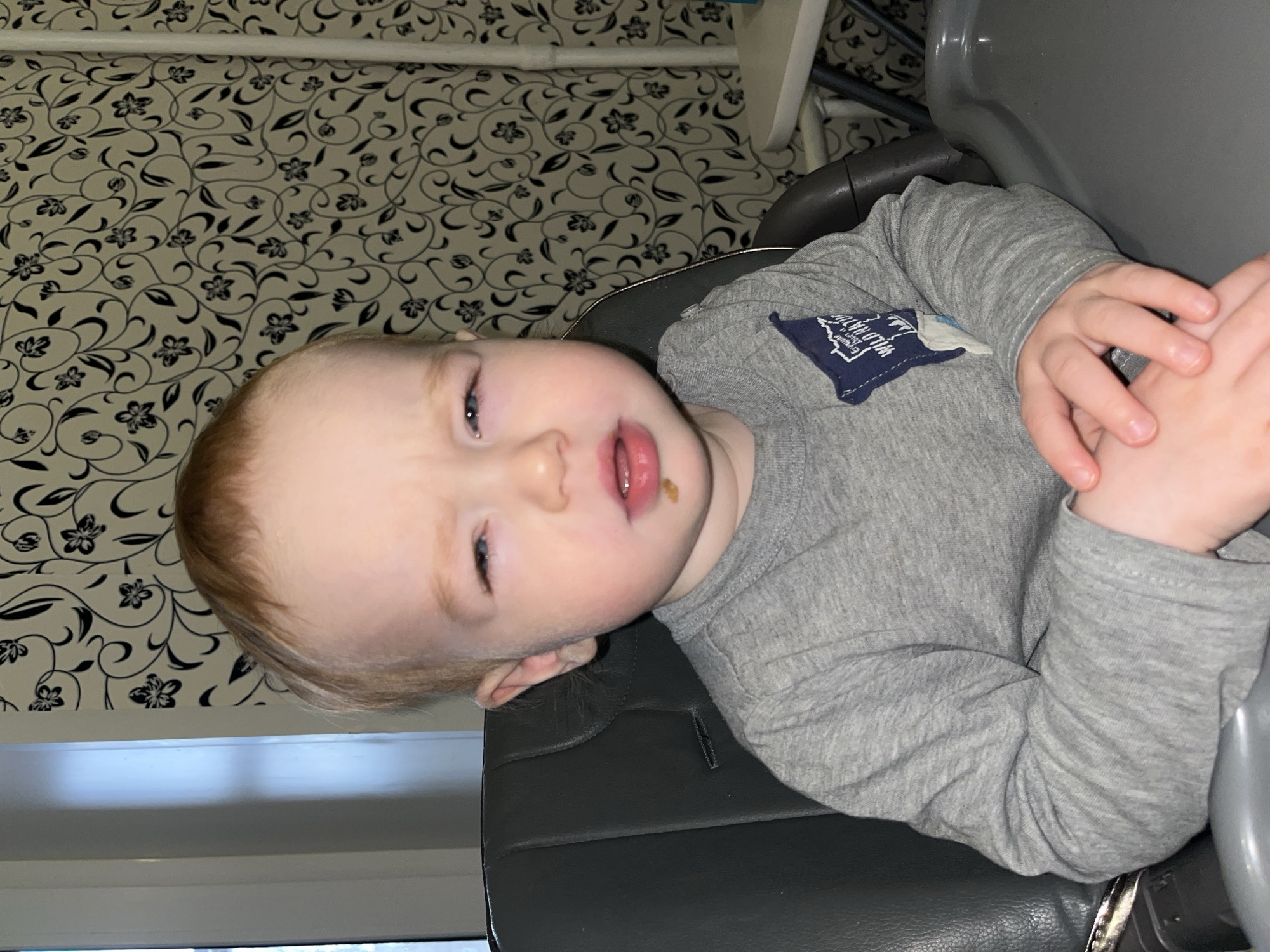 A baby sits in a high chair. The baby is wearing a gray long-sleeved shirt with a patch on the left side. The baby's face has food around the mouth. The high chair is gray and situated in front of a wall covered in floral-patterned wallpaper. A window provides light to the left of the baby. There is no indication of the image's location within the city of Chaikovsky, Russia, and the image does not provide any location specifics.